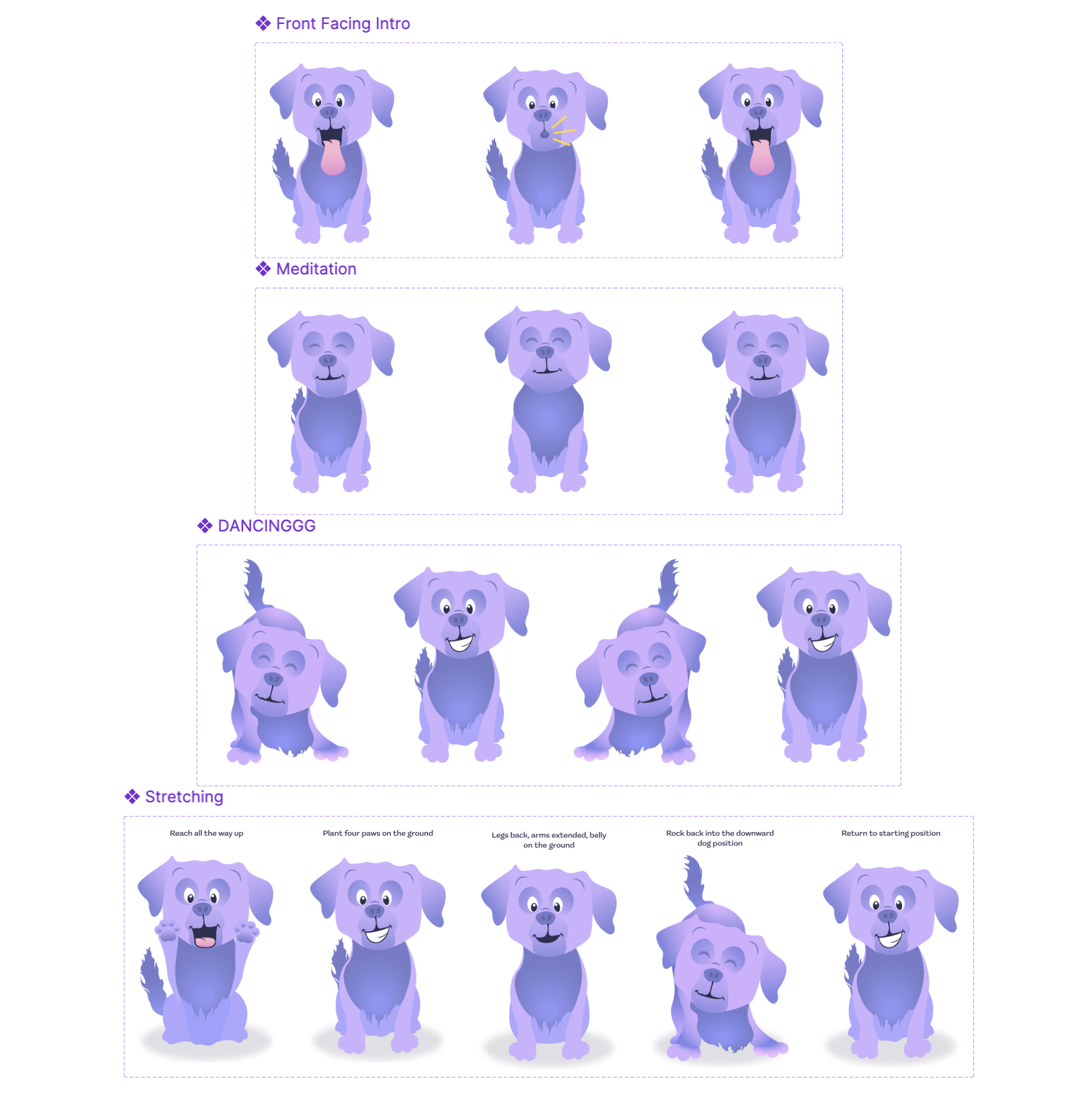 Examples of how the dog mascot would move in different activities within the app. 