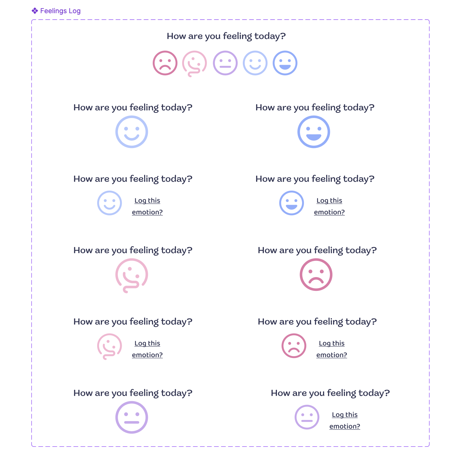 The prototyping of different feeling-log displays.