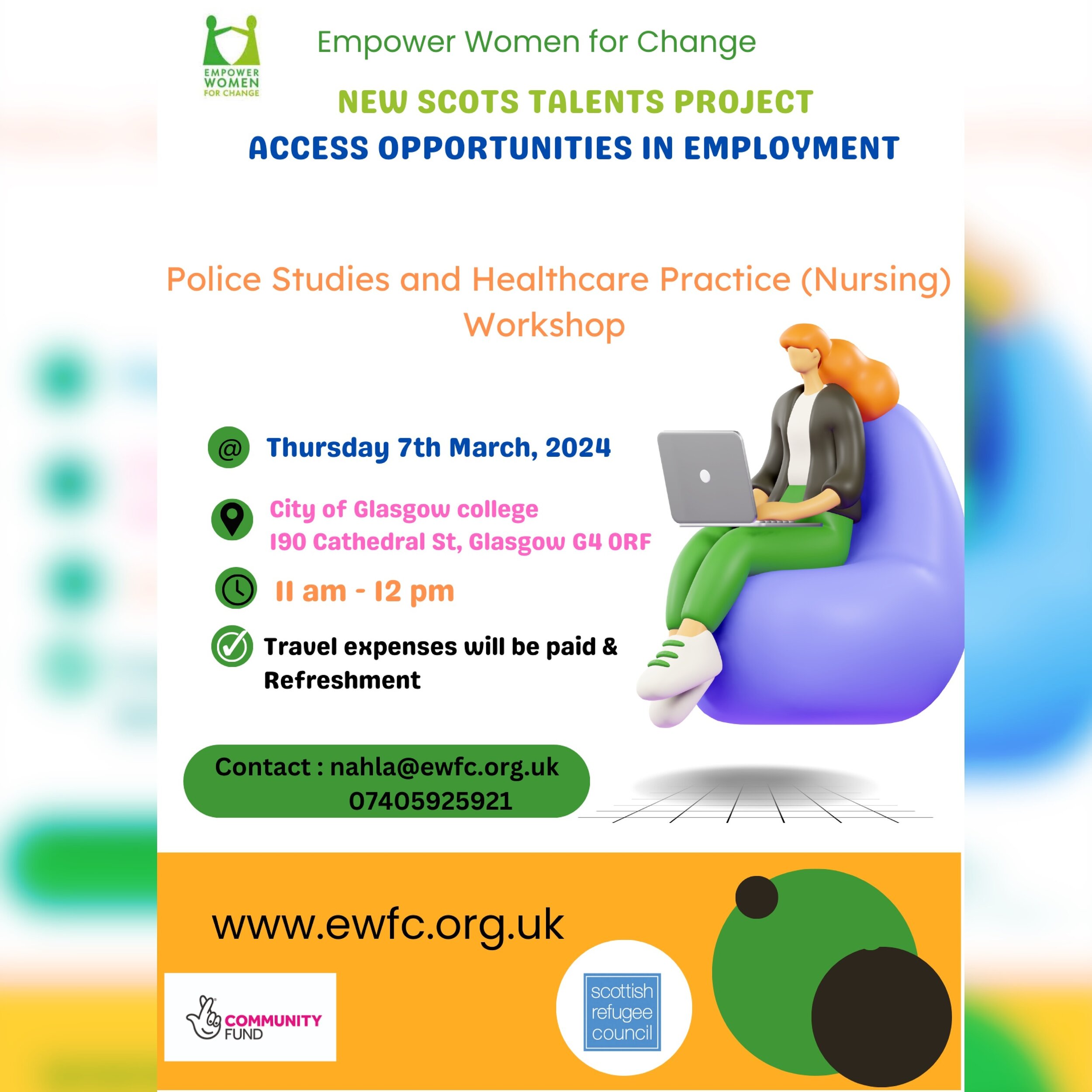 Upcoming workshop!! 

Join us on Thursday 7th March at the City of Glasgow College for a Police Studies and Healthcare Practice workshop! 🩺

Contact nahla@ewfc.org.uk to sign up or call us on +447405925921 

#empowerwomen #empowerwomenforchange #ewf