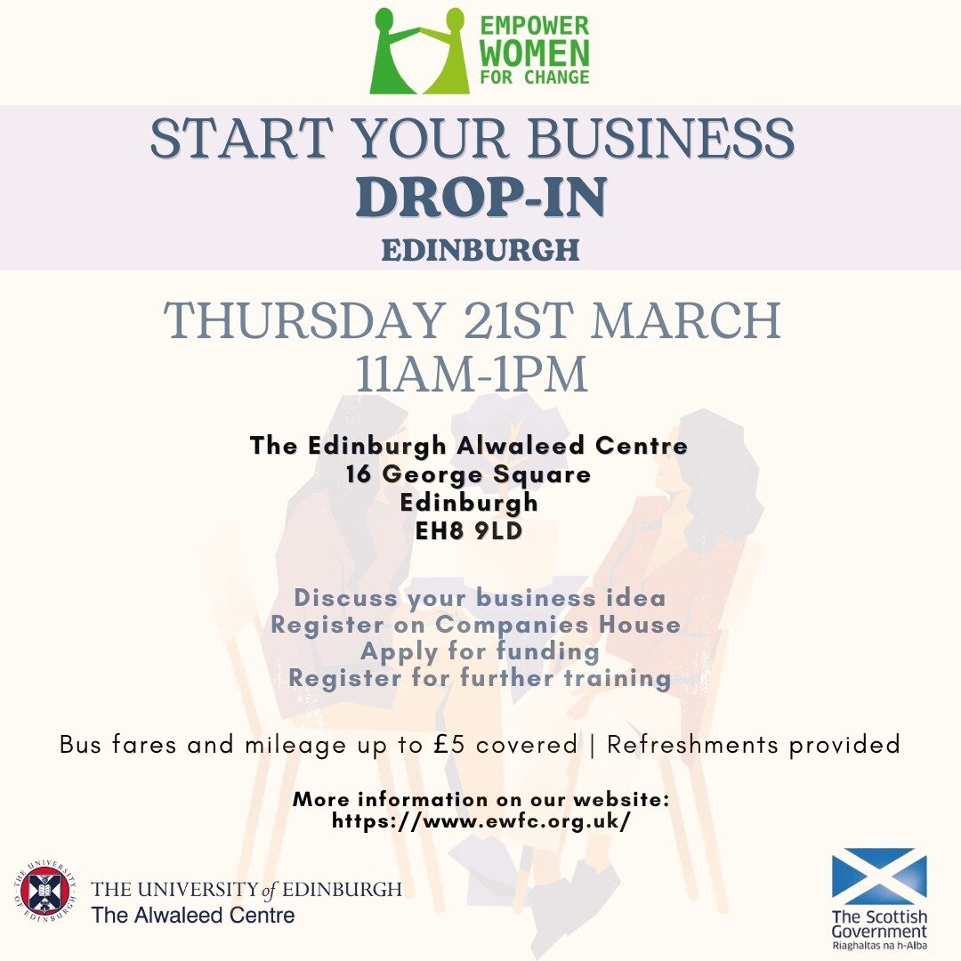 Empower Women for Change and AlWaleed Centre

Are you ready to turn your business dreams into reality? We're thrilled to announce the opening of our new DROP-IN centre in Edinburgh! 🎉 

Come join us with your business ideas and let us help you kicks