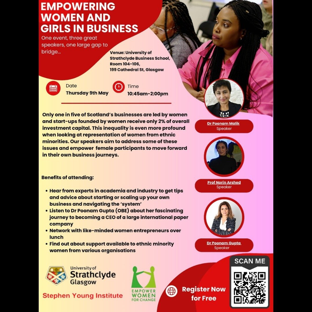 Strathclyde University in partnership with Empower Women for Change are excited to announce our upcoming event on the 9th of May. 

Are you a woman interested in entrepreneurship? Come along to hear from experts in the field, and network with like-mi