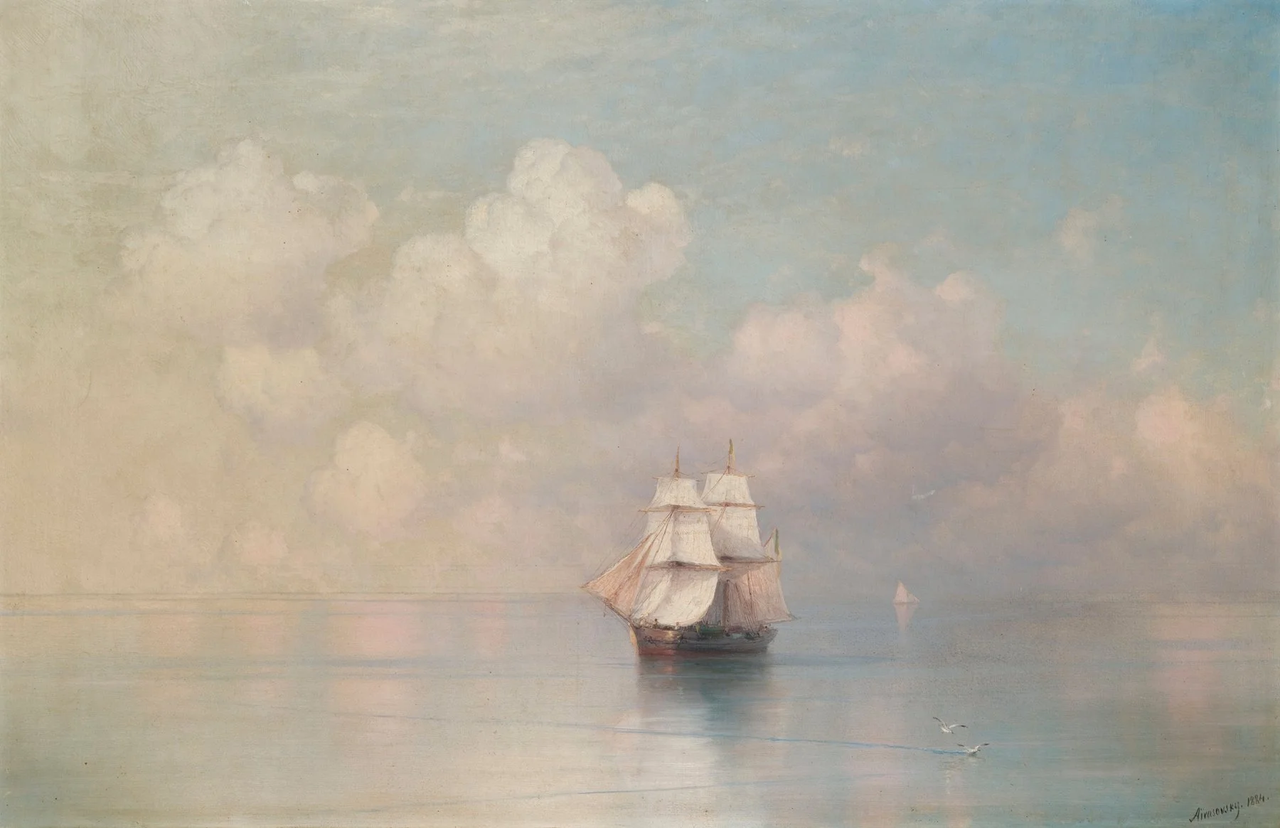 A ship sailing on calm seas with clouds on the background, panting.