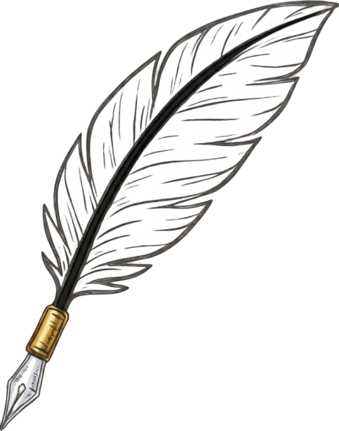 A black-and-white illustrated feather quill pen with a golden band near the tip.
