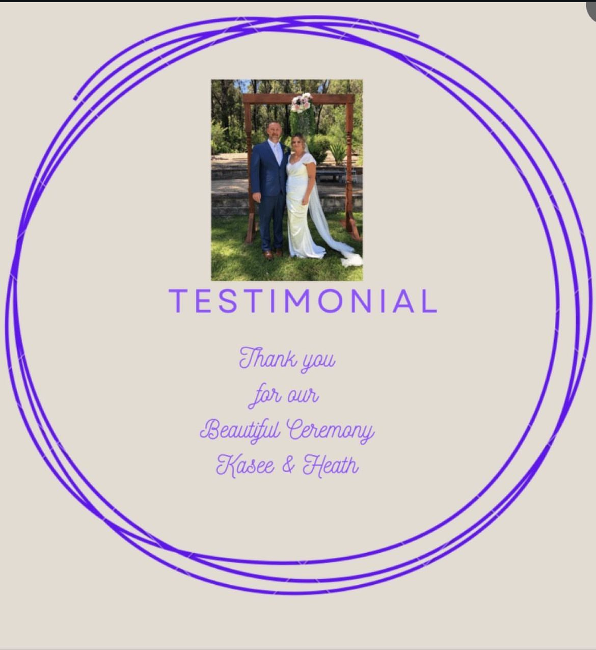 A wedding testimonial card featuring a photo of a bride and groom standing outdoors, with purple circular design elements, and text expressing gratitude for a beautiful ceremony from Kasee and Heath.
