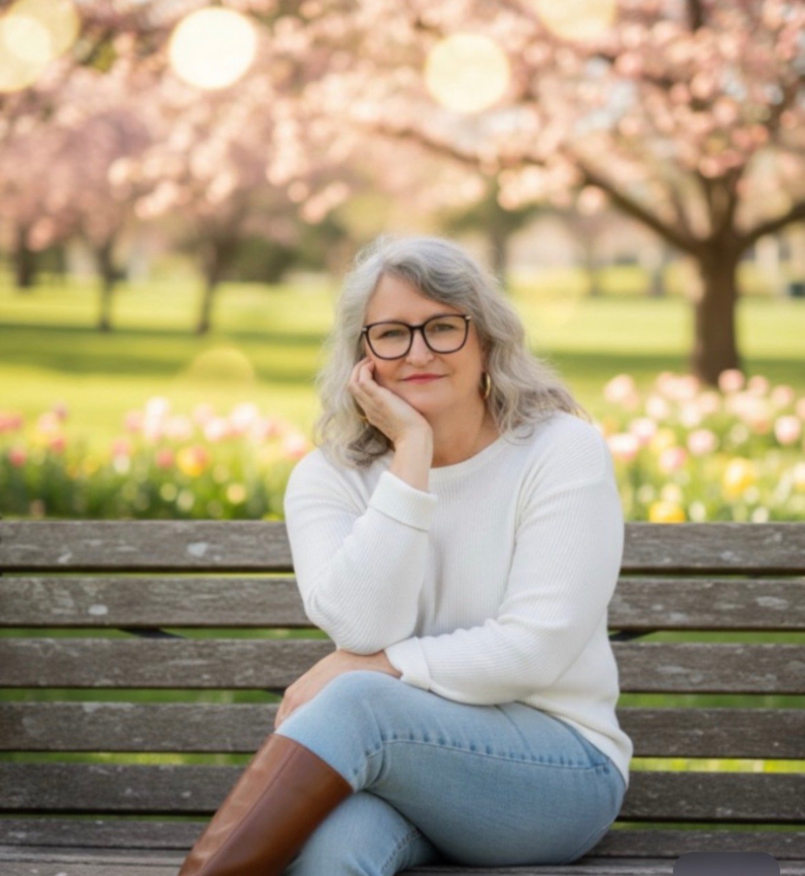 A woman with glasses and gray hair sitting on a wooden park bench, resting her chin on her hand, with a background of blooming pink cherry blossom trees and a green park in spring.