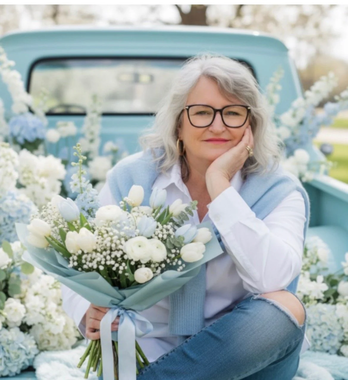 A woman with glasses and gray hair is sitting in front of a vintage blue truck, holding a bouquet of white flowers, and surrounded by more flowers, outdoors during the daytime.