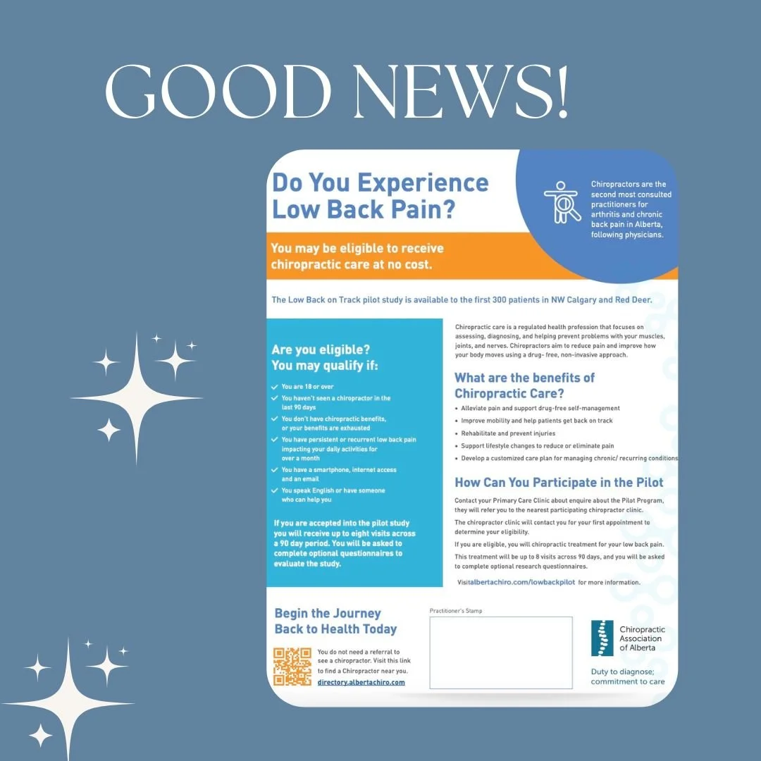 📣 There is a publicly funded pilot program offering chiropractic care for Albertans with low back pain! 📣

The program is open to patients under the care of a physician within the Calgary Foothills Primary Care Network, so Dr. Ooi is excited to be 