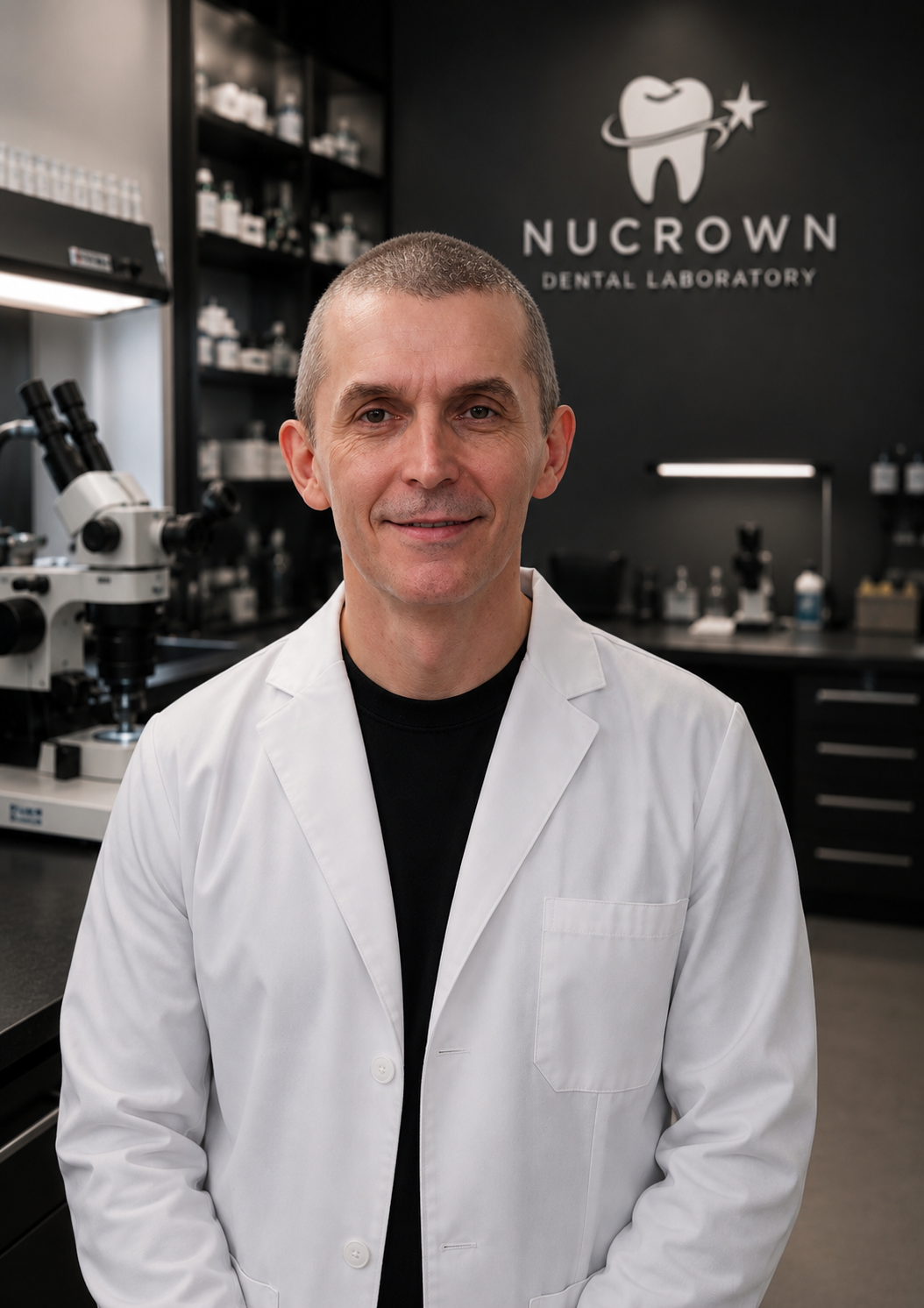 A male dentist in a white coat standing in a dental laboratory with dental equipment and shelves in the background. The logo on the wall reads 'Nucrown Dental Laboratory' with a tooth motif.