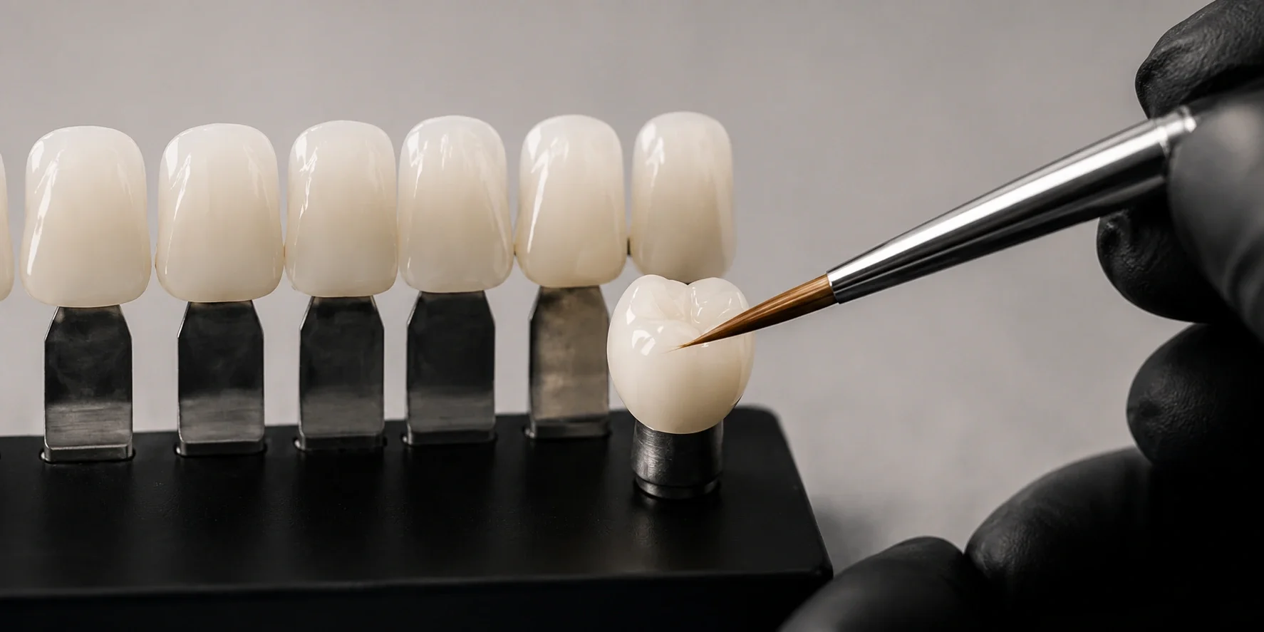 A dental technician's hand using a fine brush to apply details to a ceramic dental crown, with several other crowns mounted in a row behind on a black stand.