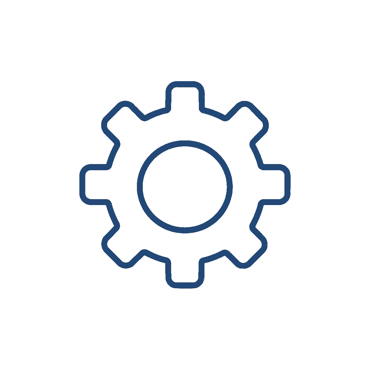 Outline of a blue gear icon with a circle in the center.