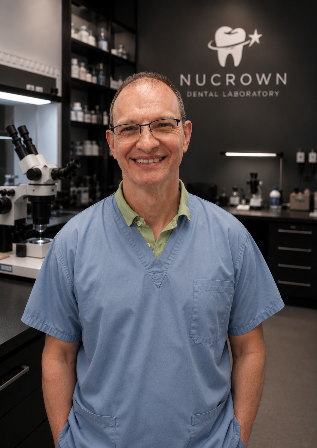 A smiling man wearing blue scrubs and glasses stands in a dental laboratory with microscopes and dental supplies in the background, and a sign reading 'NUCROWN Dental Laboratory' on the wall.