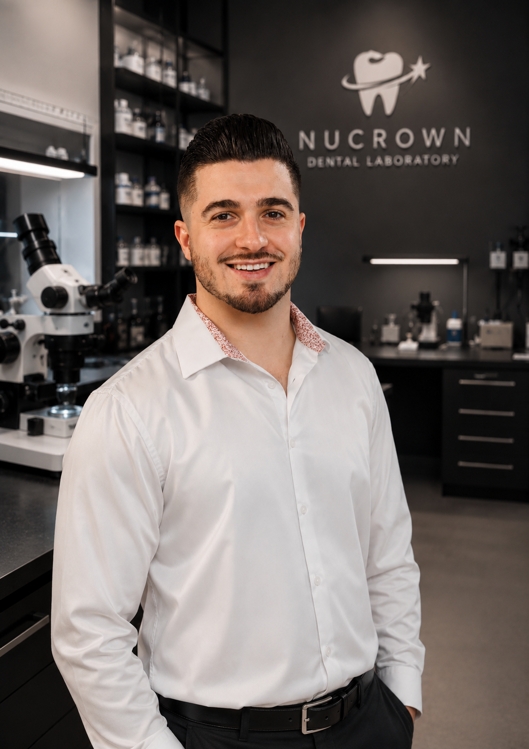 A smiling man in a white shirt stands inside a modern dental laboratory with scientific equipment and shelves of supplies in the background.