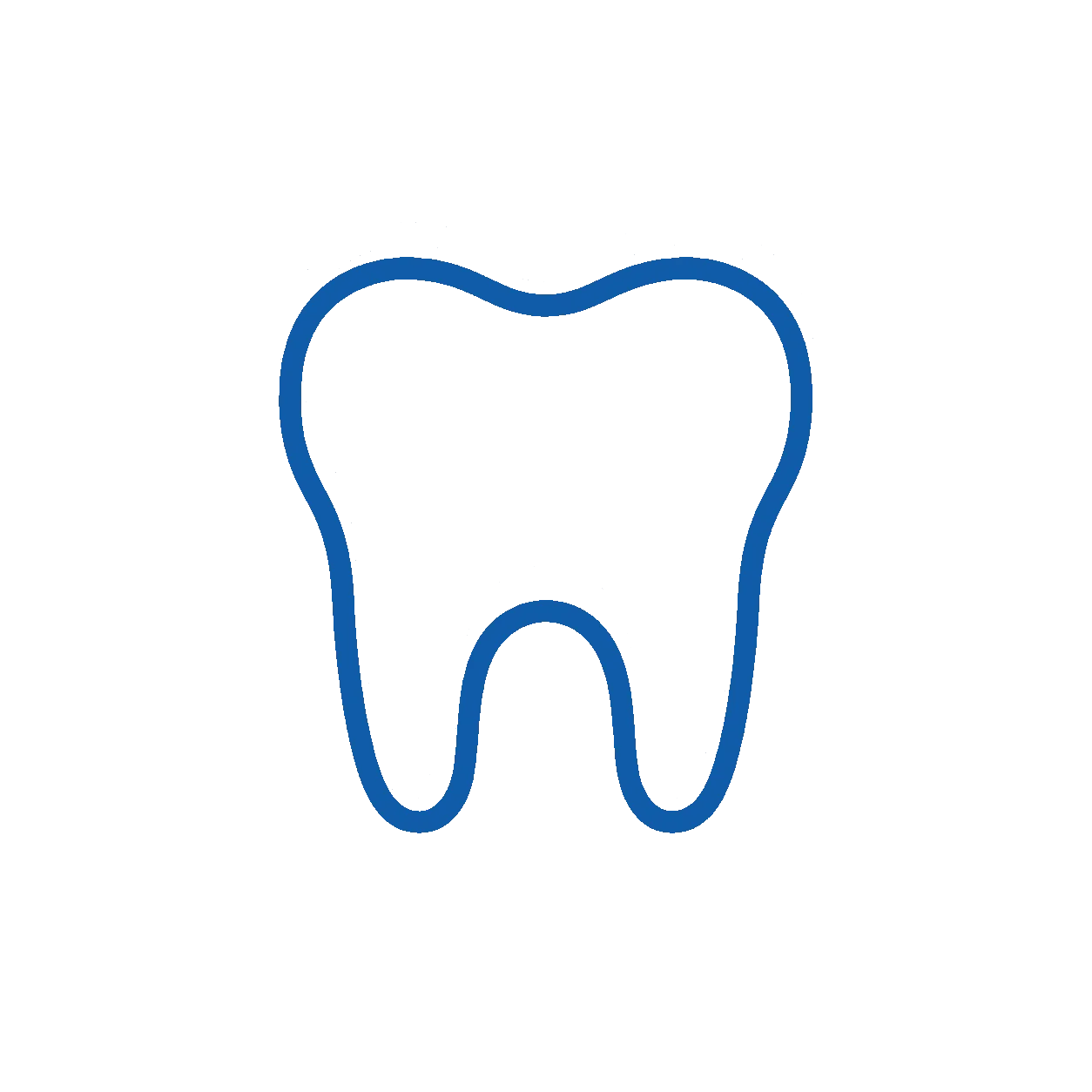A blue line drawing of a tooth with a smiley face inside.