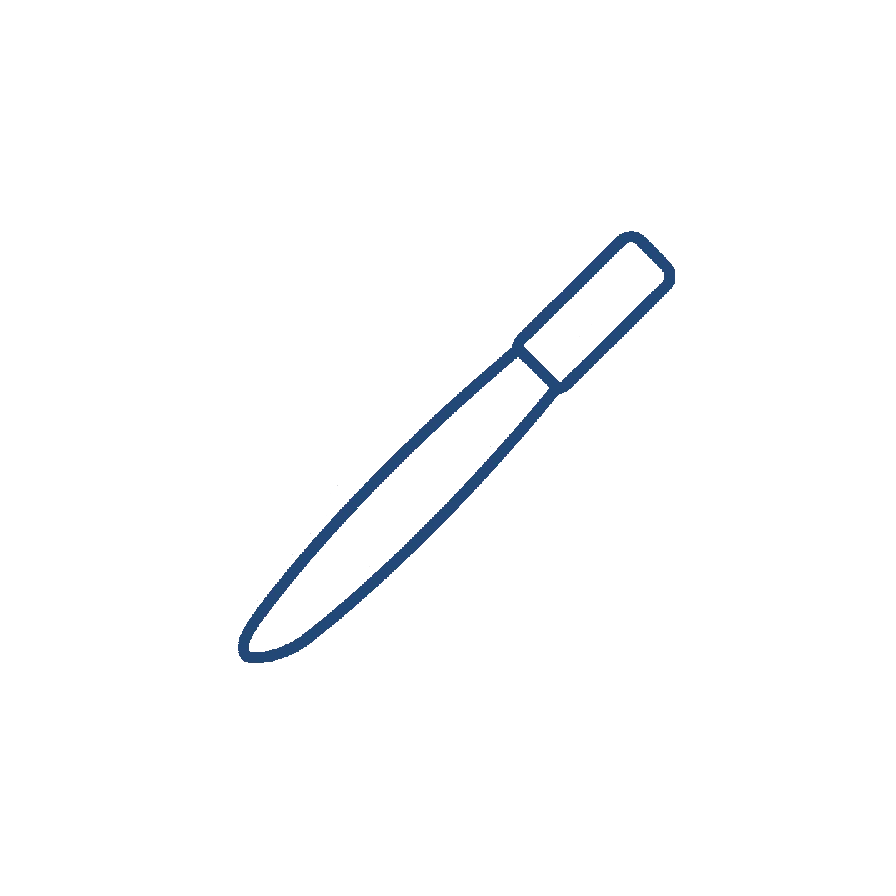 Outline drawing of a pen, showing its sleek design and cap, with shadow lines indicating a three-dimensional form.
