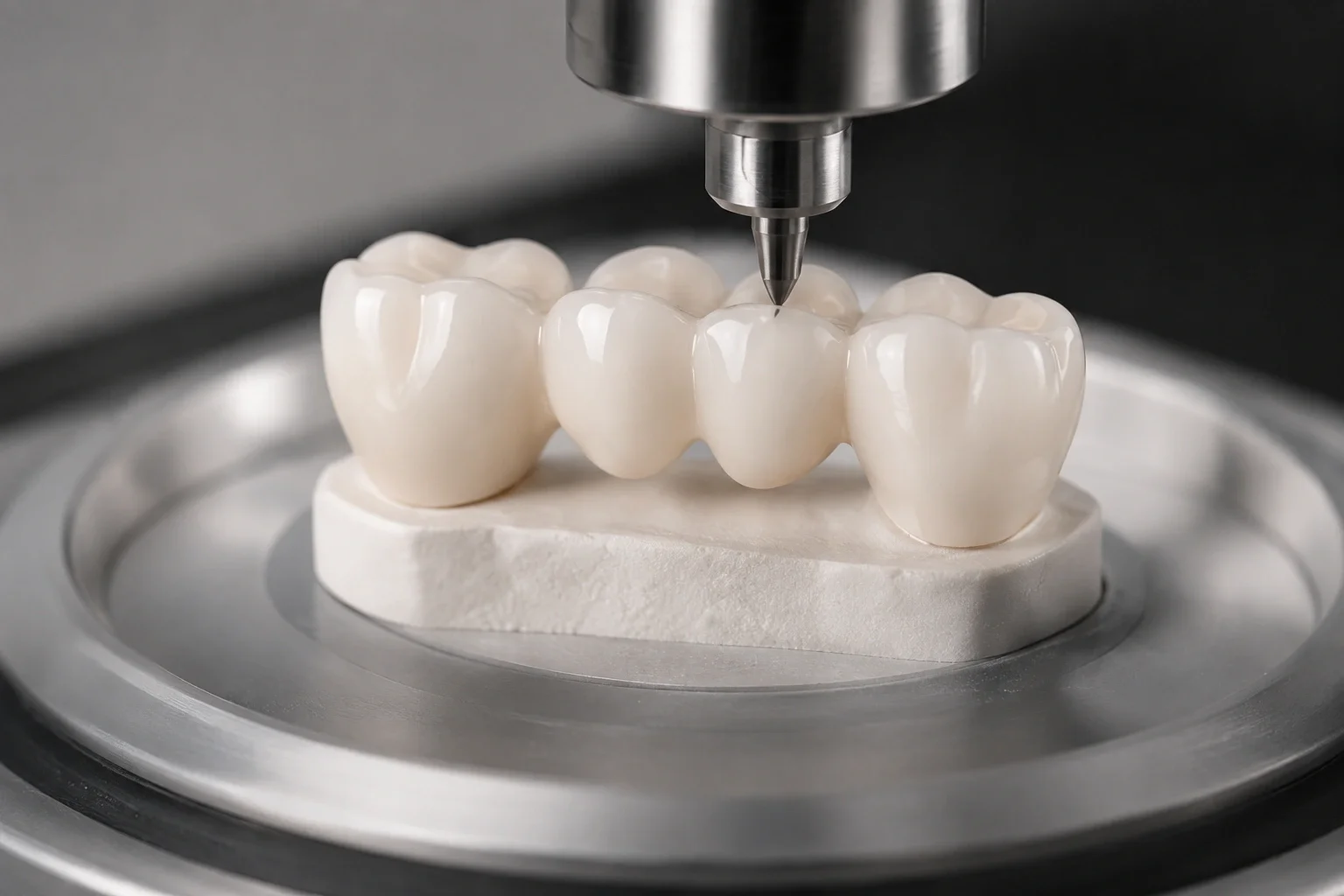 Dental prosthetic teeth on a mold with a milling machine rotating in the background.