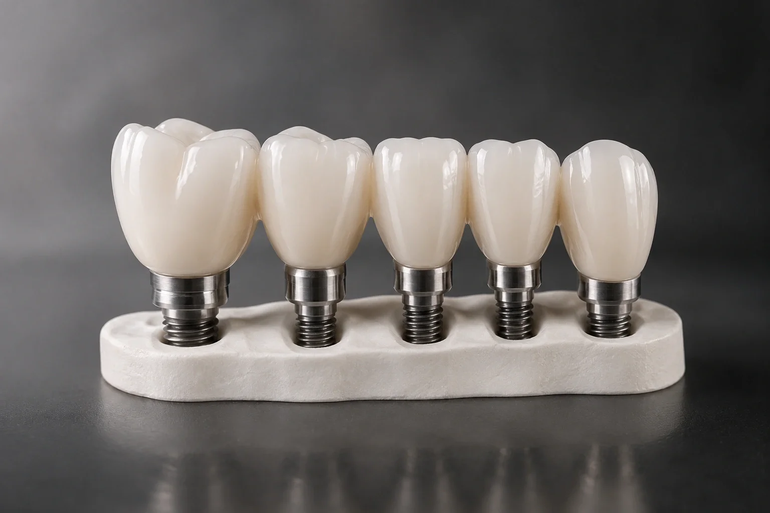 A set of dental crowns on implant abutments displayed on a white stand against a gray background.