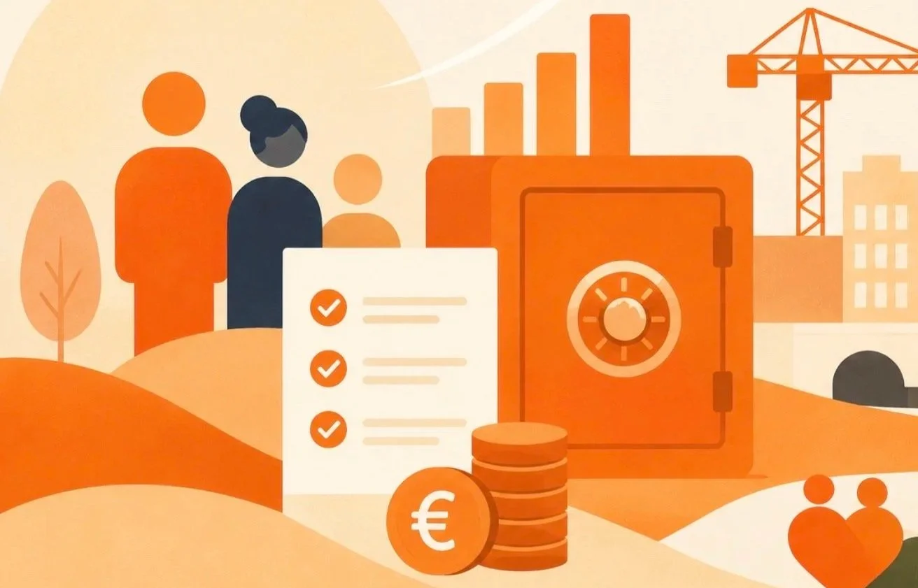Illustratie van financiën en veilig sparen, met mensen, een lijst met checkmarks, een kluis, een stapel munten met het euroteken, en een funderingskraan op een bouwplaats in orange tinten.