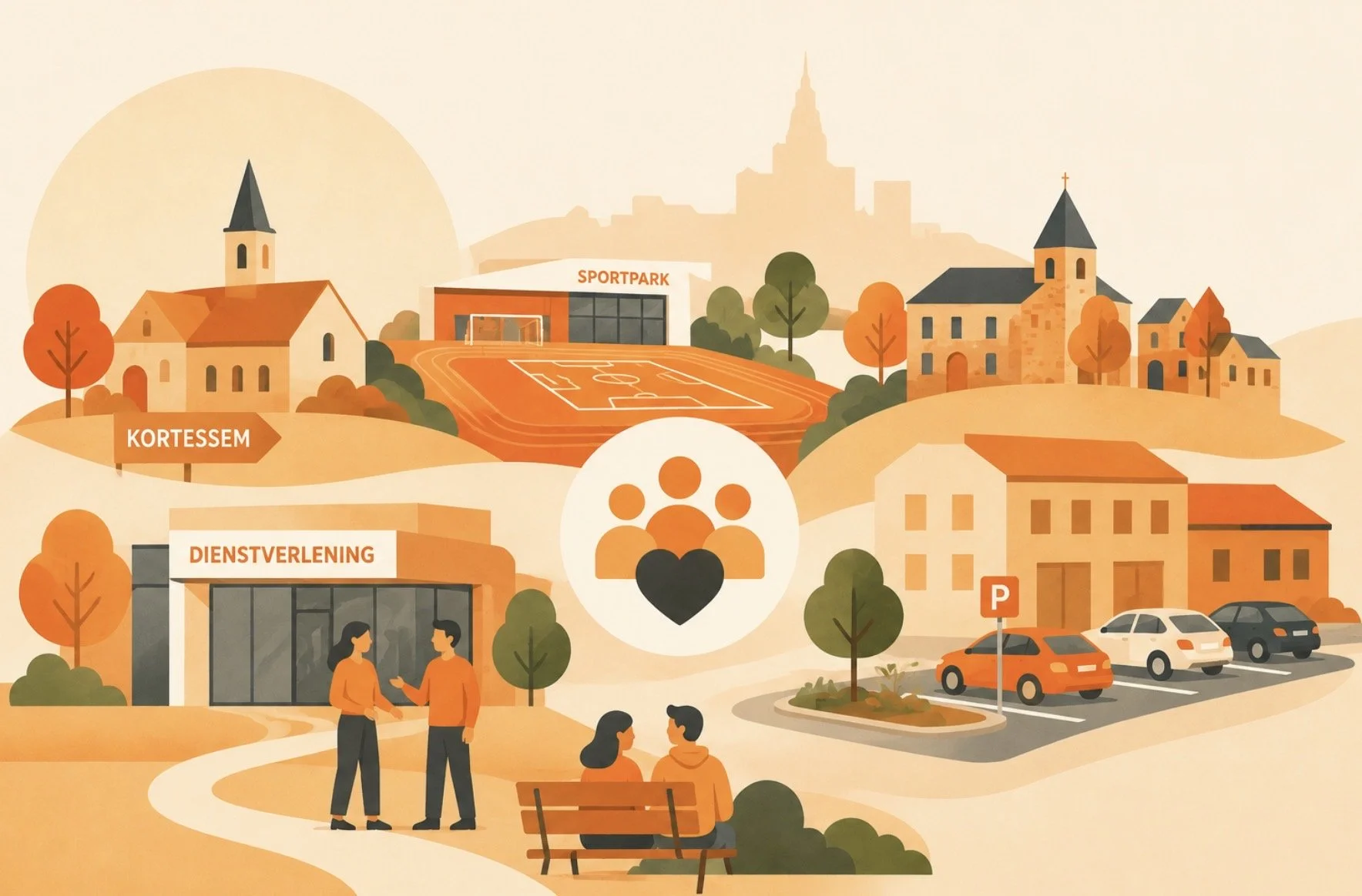 Illustratie van een dorp met een kerk, sportpark met tennisbaan, servicepunt, parkeergarage, en mensen die praten en wandelen in een park met bomen en bankjes, de sfeer is warm oranje en beige.