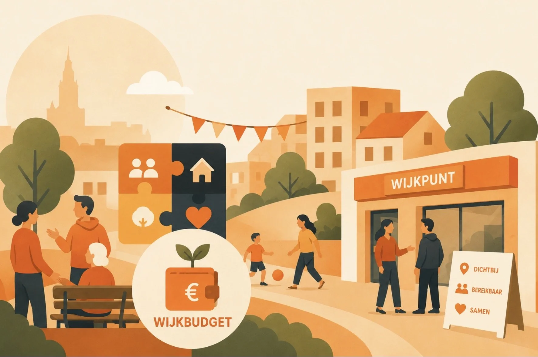 Illustratie van een wijk met mensen die praten en wandelen, met symbolen voor budget, gemeenschap en duurzaamheid, en een gebouw met het woord 'WIJKPUNT' op de gevel.
