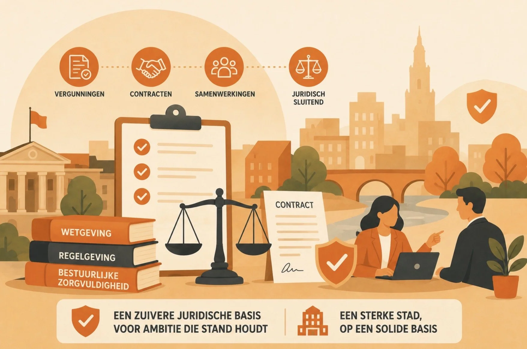 Een illustratie met symbolen en tekst over juridische processen en bestuurszorg. Er zijn iconen van vergunningen, contracten, samenwerkingen, rechtsgebieden en weegschaal, met tekstblokken zoals 'Wetgeving', 'Regelgeving', en 'Bestuurlijke zorgvuldigheid'. Verder zien mensen in een gesprek en symbolen van een solide stad en juridische basis.