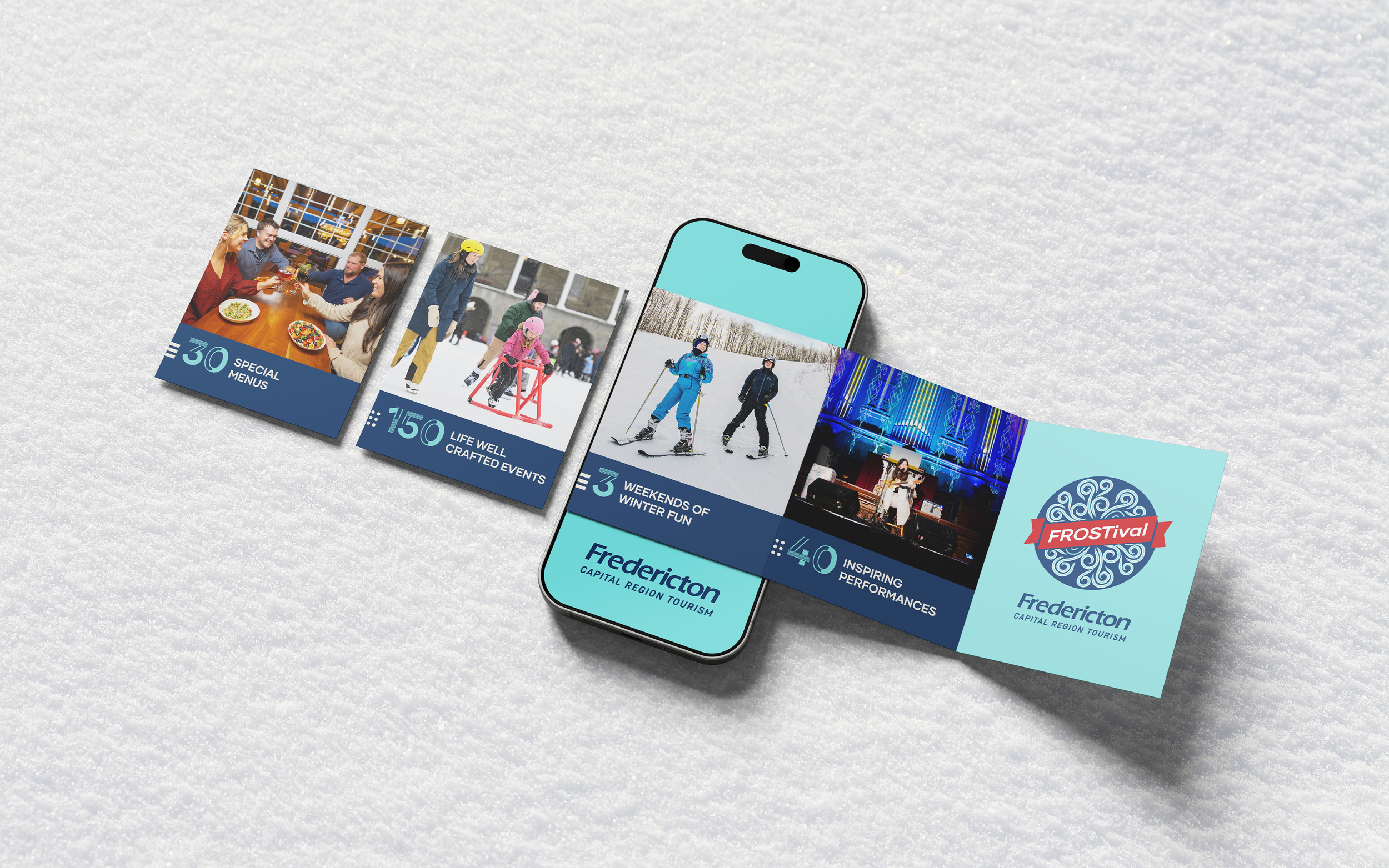 A mobile phone and social media tiles featuring Fredericton’s FROSTival displayed over a snow-covered background. The tiles highlight winter activities, dining, and performances with the "Fredericton Capital Region Tourism" logo.