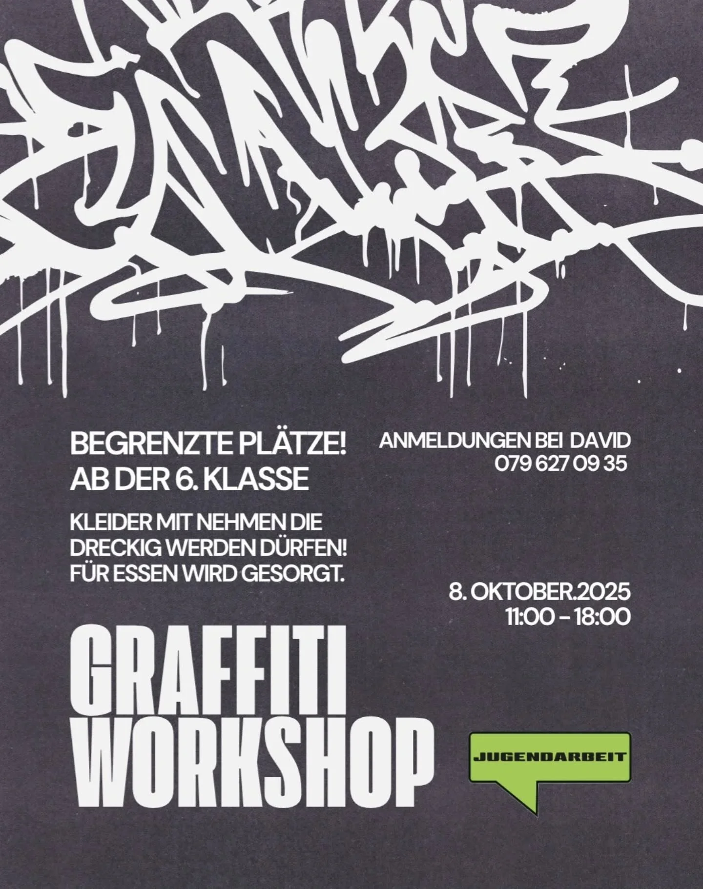 H&auml;sch bock zum Spray? Am 8. Oktober 2025 hesch d&rsquo;Chance, din eigene Style uf d&rsquo;Wand z&rsquo;bringe.
Mitmache ch&ouml;nd alli ab de 6. Klass. 
Mitneh: Chleider, wo dreckig w&auml;rde derfe. 
F&uuml;r s&rsquo;Esse isch gsorgt.
Datum: 8