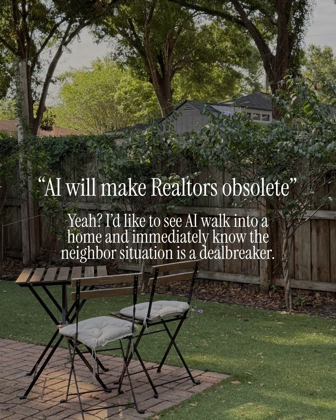 AI could never!!!

Because until it can build relationships, spot red flags, win in multiple-offer situations, read the room, manage 20 spinning plates, and so much more... I&rsquo;m not going anywhere. 🫡

&ndash; AMANDA, Southern Maryland real esta