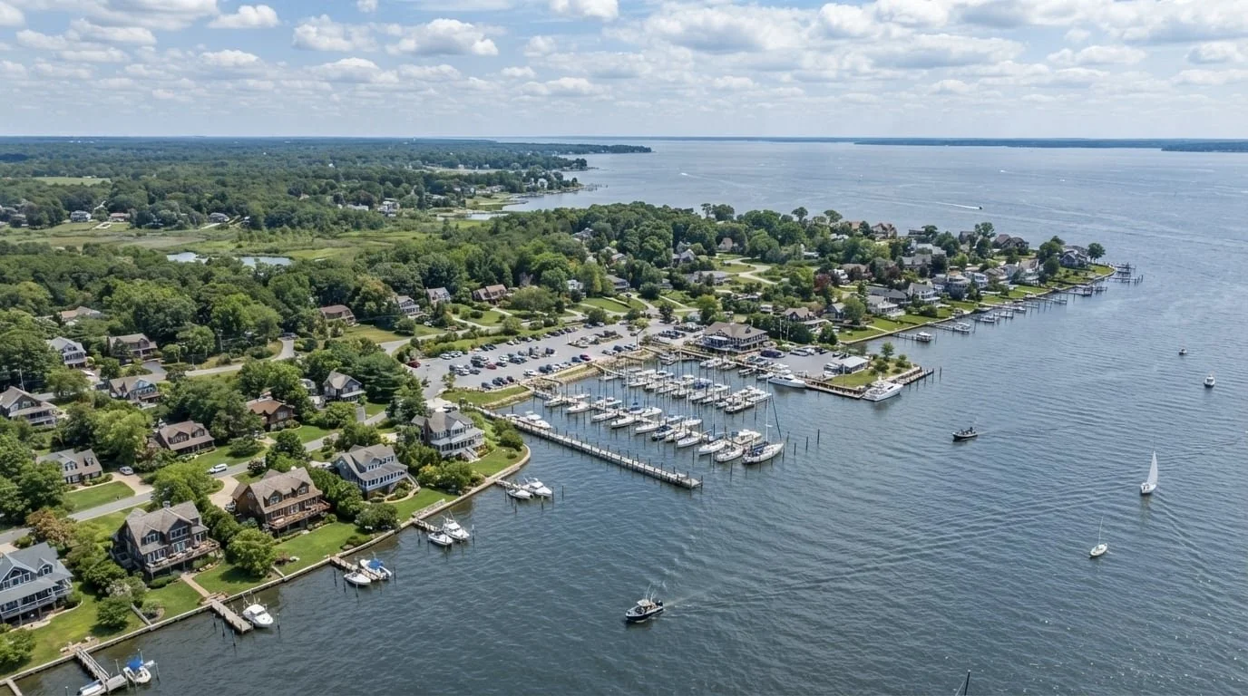 Chesapeake Bay waterfront homes and marina along the Maryland shoreline