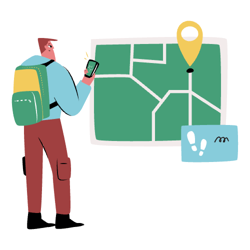 Illustration of a male presenting person with a backpack, looking at his phone and a large map