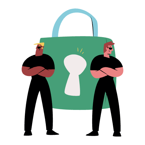 Illustration of two security men in front of a large padlock