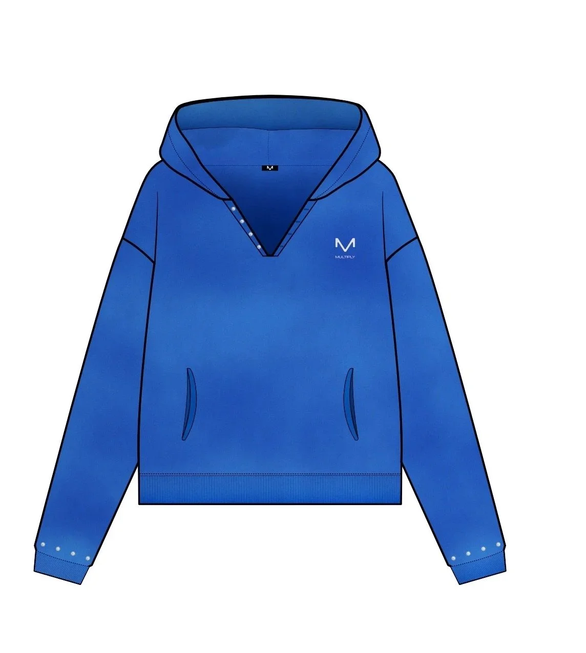 Blue hoodie with front pockets, hood, and logo on chest, displayed against a white background.