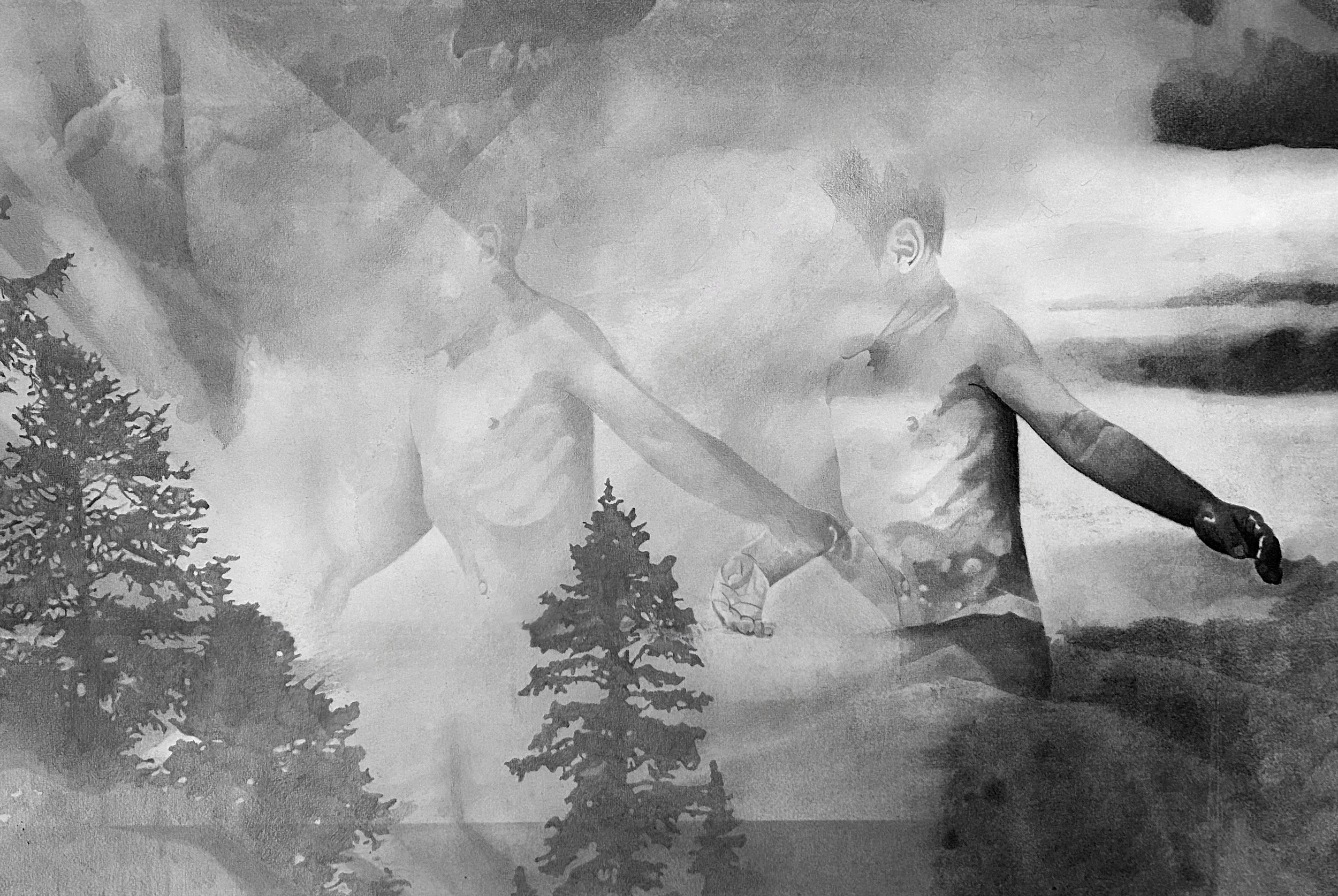 Ensemble, en silence, 2025, mine graphite et fusain, 50 x 70 cm