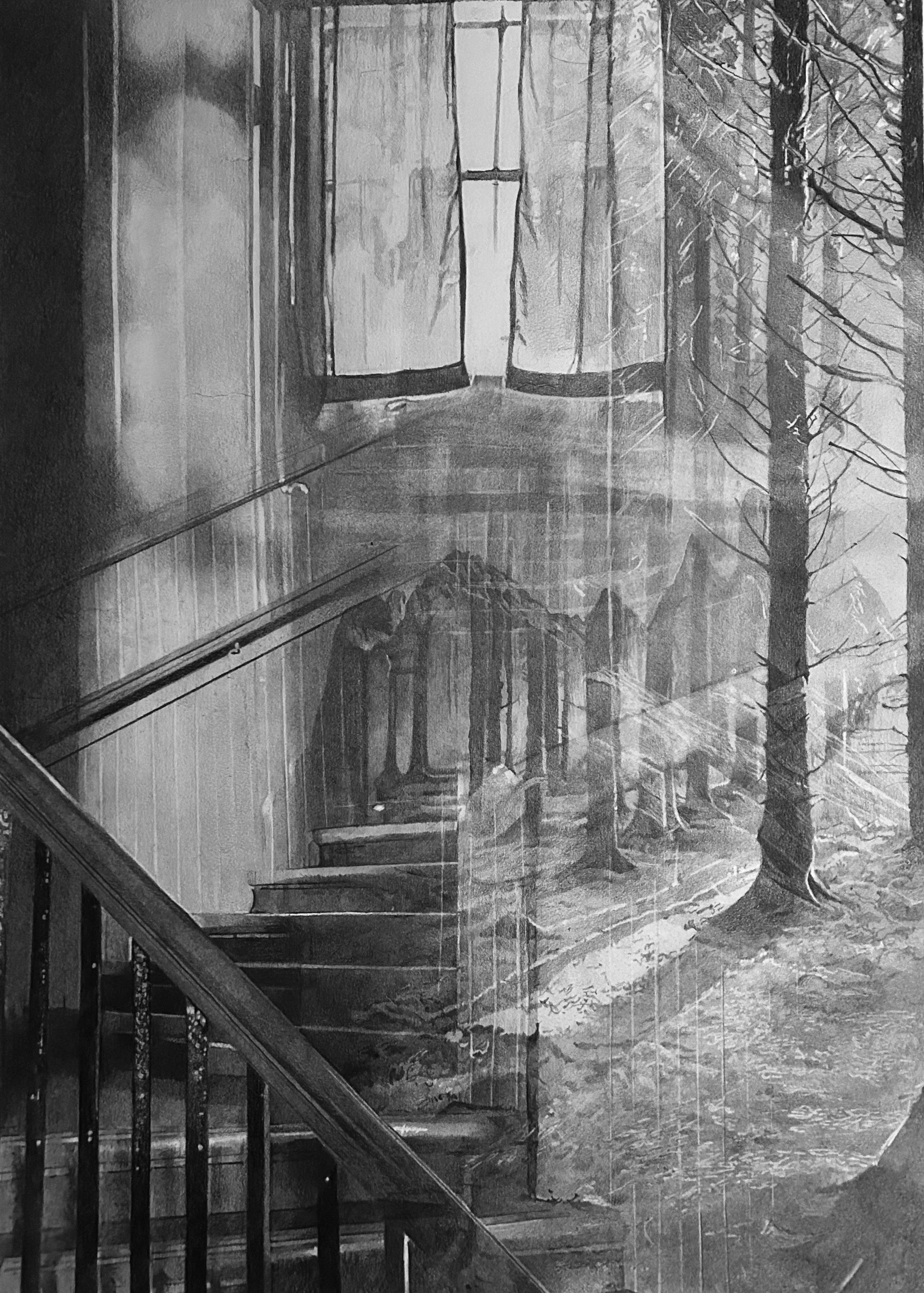 Vide intérieur, 2024, mine graphite et fusain, 60 x 80 cm