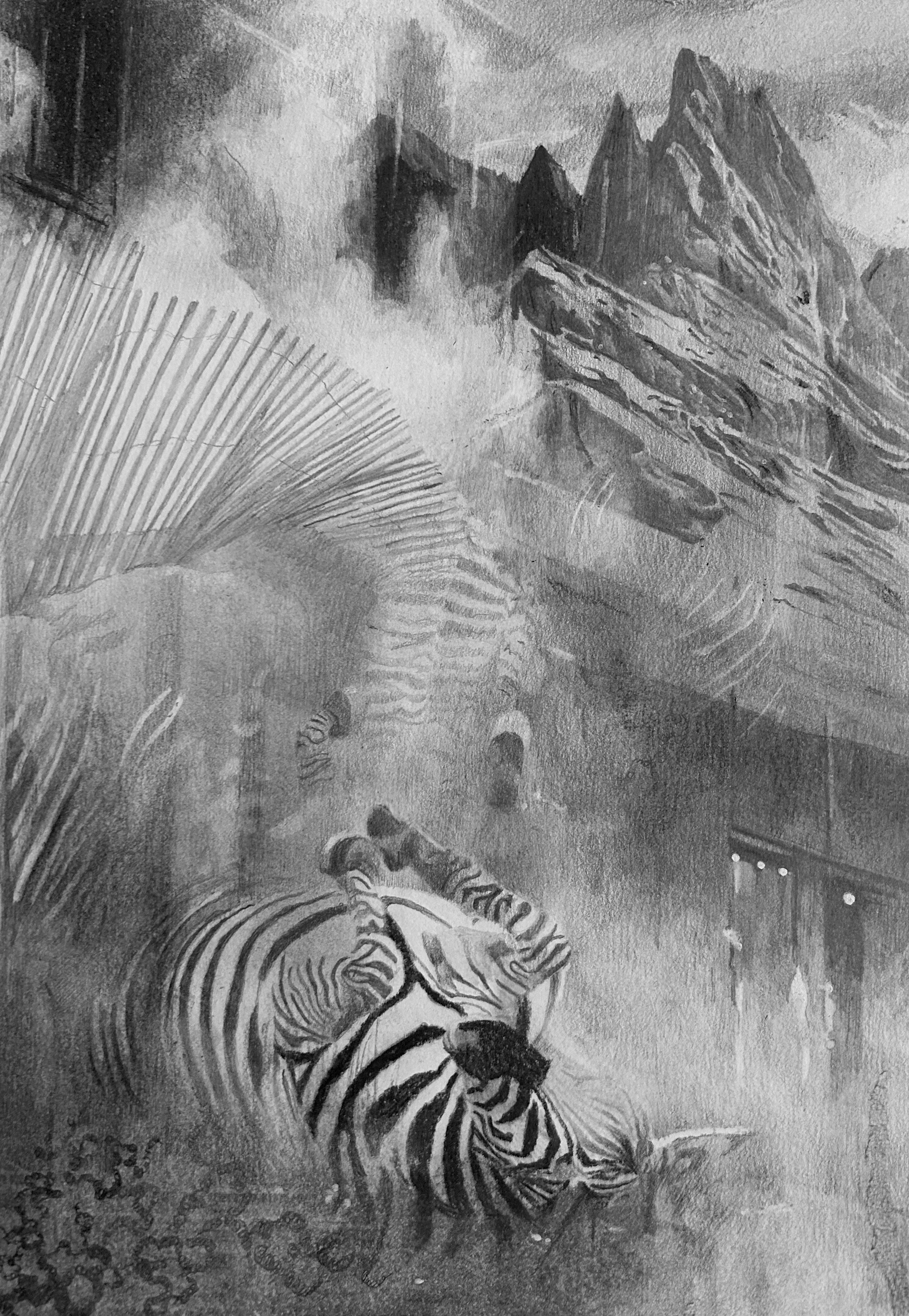 Ce que la chute révèle, le ciel l'ignorait, 2023, mine graphite et fusain, 21 x 30 cm