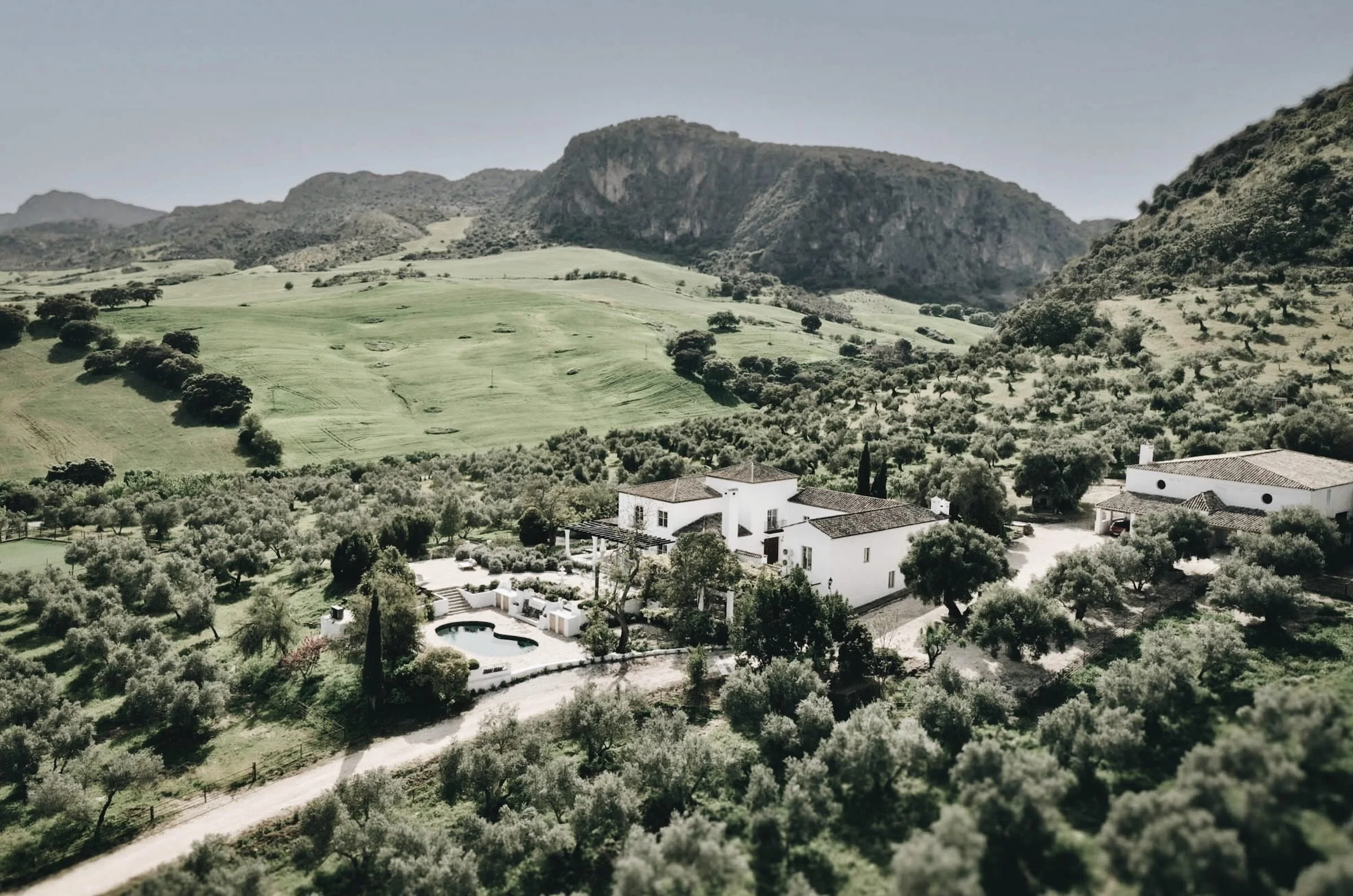 Aerial drone view of Finca La Marquesa surrounded by nature and countryside near Ronda in Andalusia