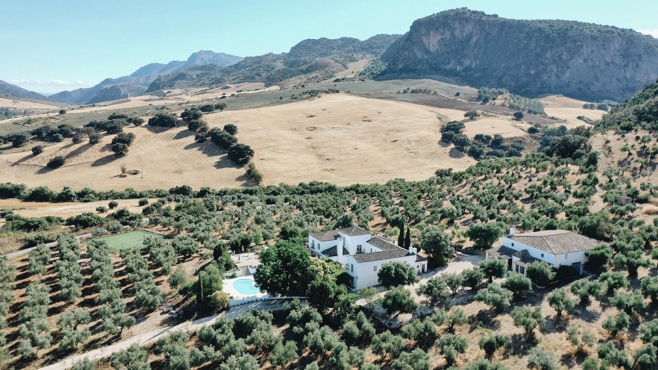 Aerial drone view of Finca La Marquesa surrounded by nature near Ronda in Andalusia
