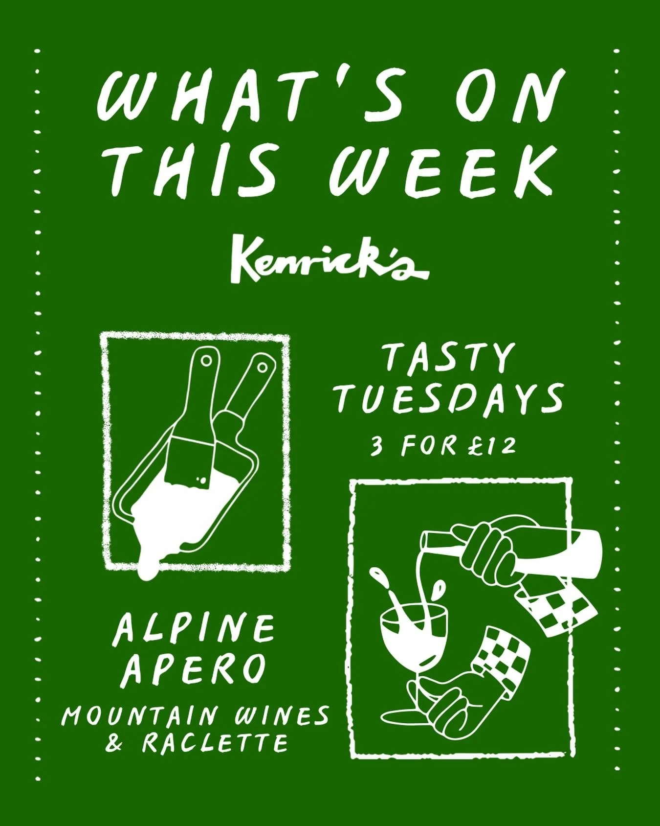 This Friday 7.30pm-9.30! Let&rsquo;s Apres ⛷️ 

Join us for a relaxed Friday evening inspired by apr&egrave;s-ski drinking in the Alps! We&rsquo;ll be serving freshly melted raclette cheese with potatoes and classic accompaniments, paired with a sele