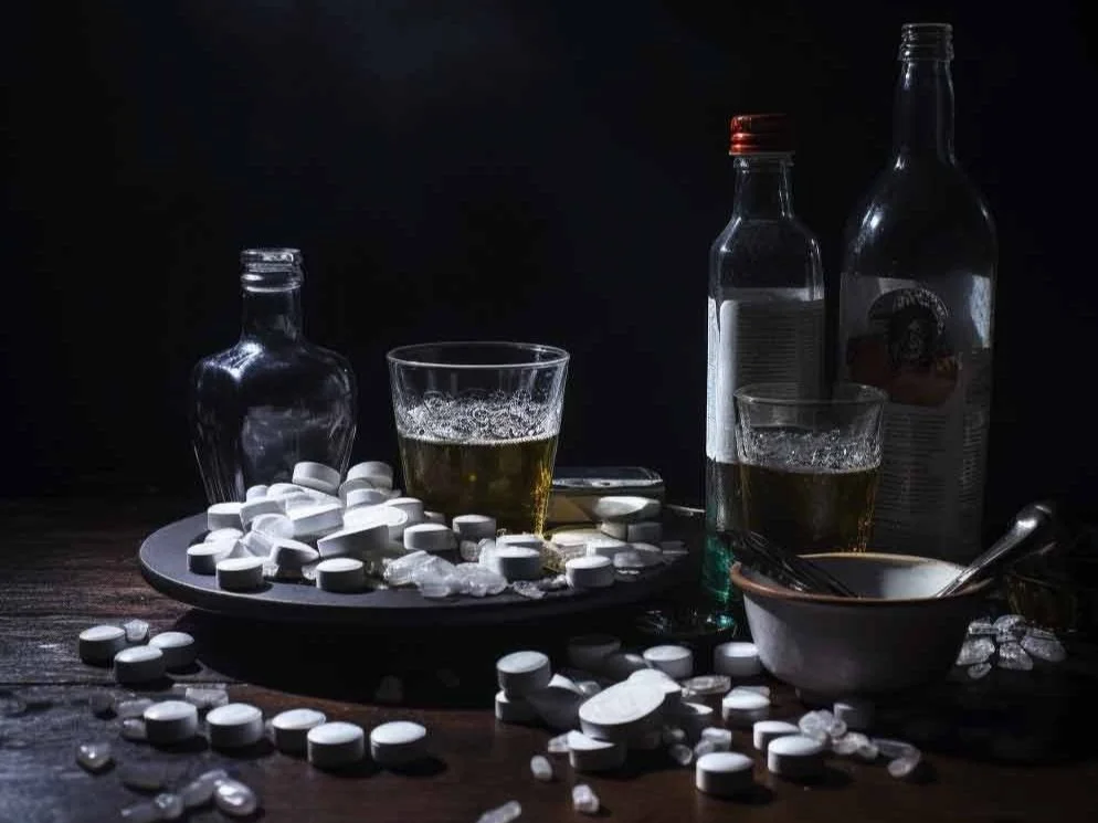 white-drug-pills-and-paraphenalia-and-liquor-bottoles-on-dark-colored-table-photo-realistic-no-people.jpg