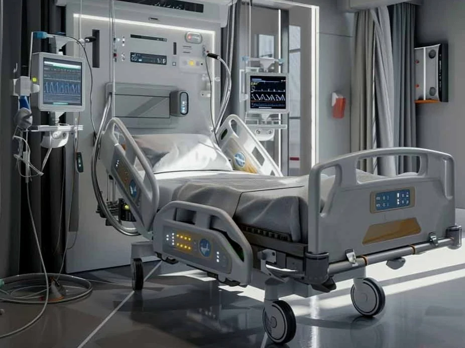 HOSpital-bed-with-monitors-and-tubes-showing-hallway-with-closed-doors.jpg