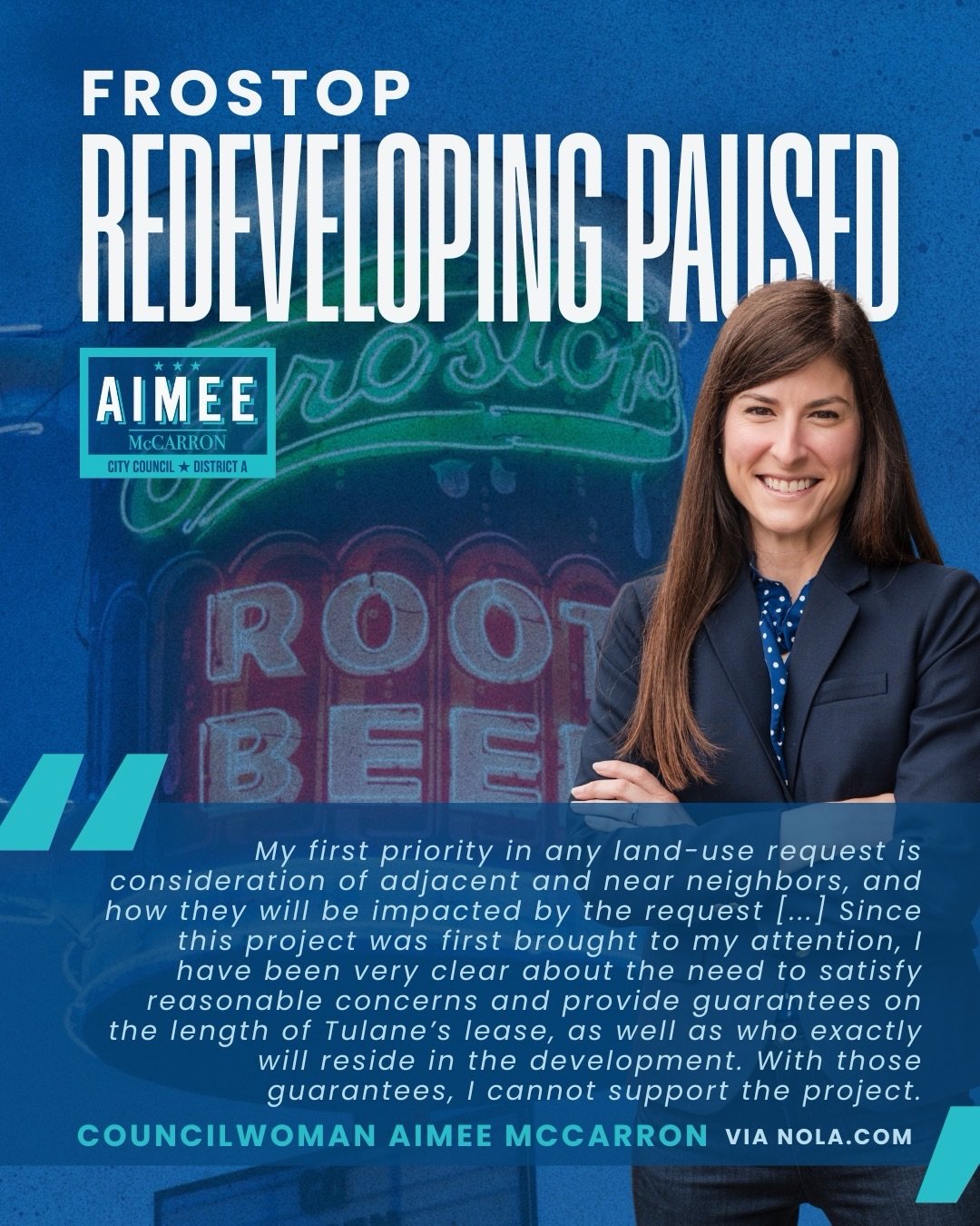 Great news, District A! @tedsfrostopnola redevelopment is paused! 🍺🩵

As your city council member, it is my responsibility to help ensure the people have a voice when it comes to what happens to their neighborhood. When you first brought this to my