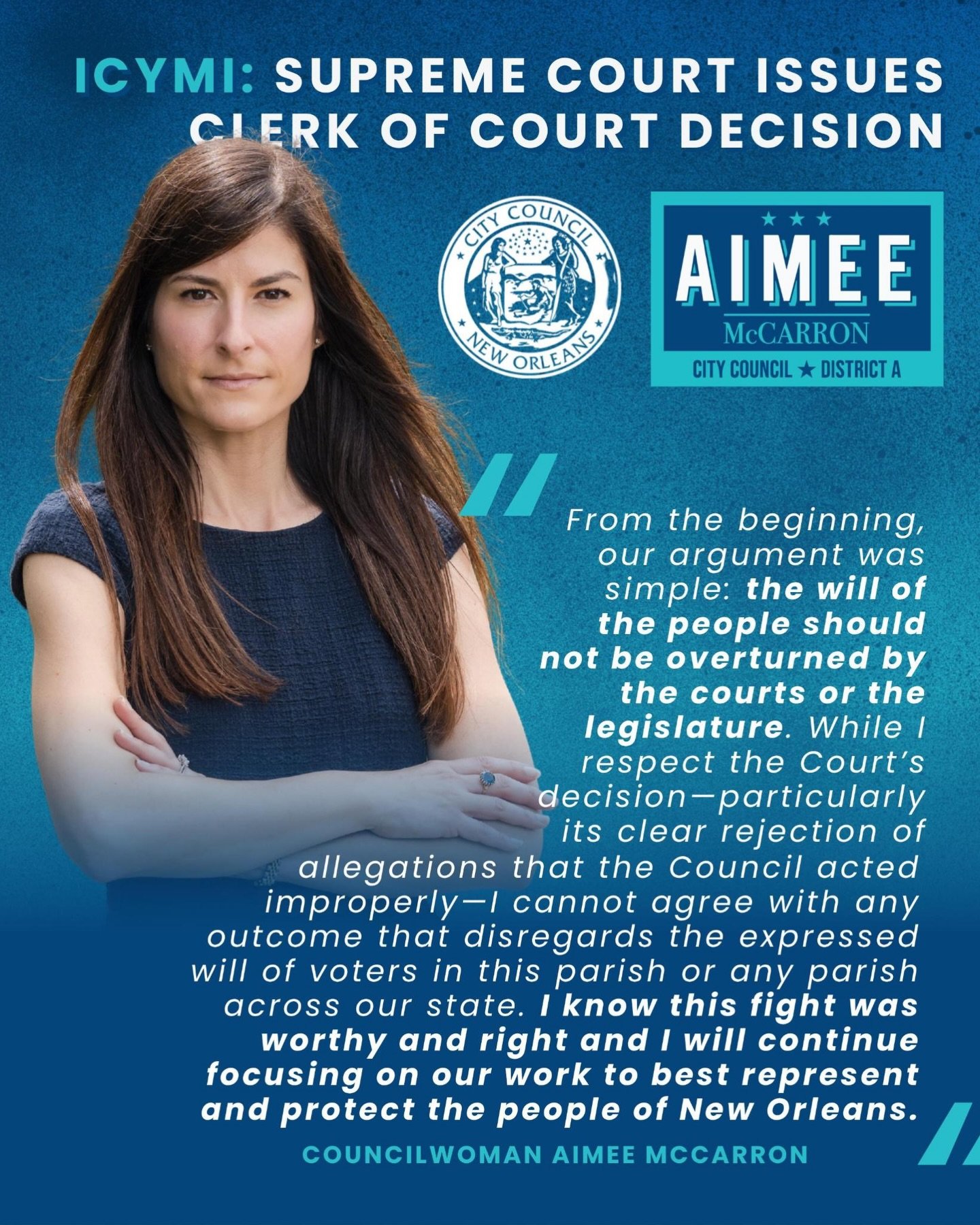 ICYMI: The Louisiana Supreme Court issued its ruling on the Orleans Parish Clerk of Court matter. 

From the beginning, my position has been simple: the will of the people should not be overturned by the courts or the legislature. While I respect the