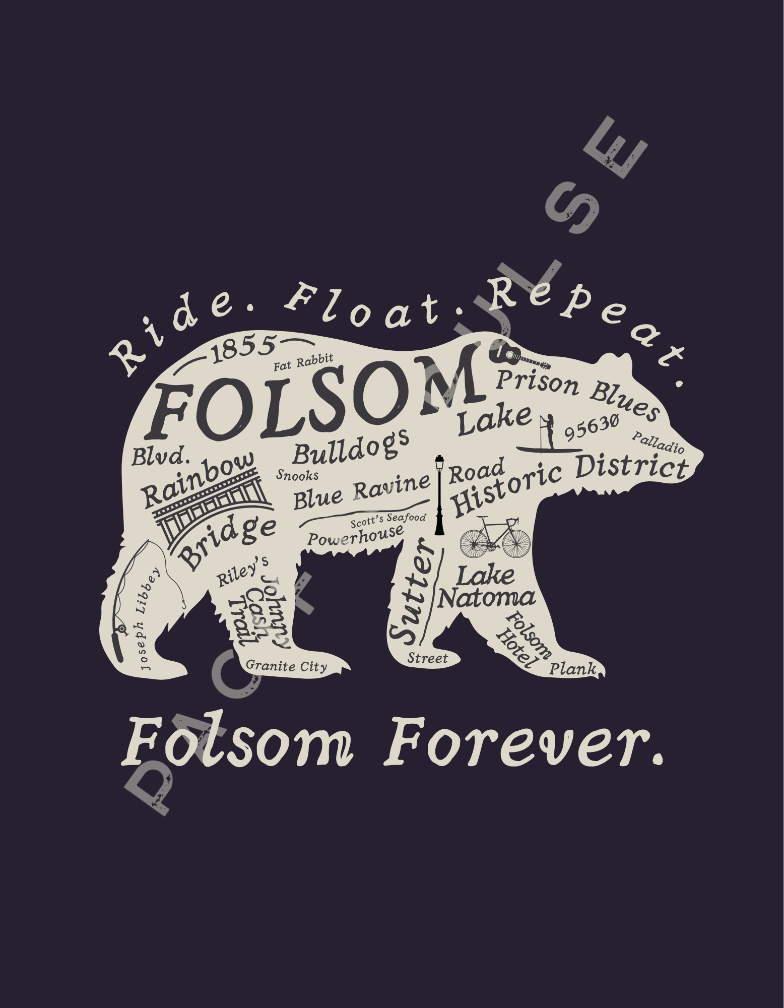 A graphic of a bear silhouette filled with various landmarks, streets, and features of Folsom, California, including 'Folsom Lake,' 'Historic District,' 'Rainbow Bridge,' and 'Lake Natoma,' with the phrase 'Folsom Forever' below.