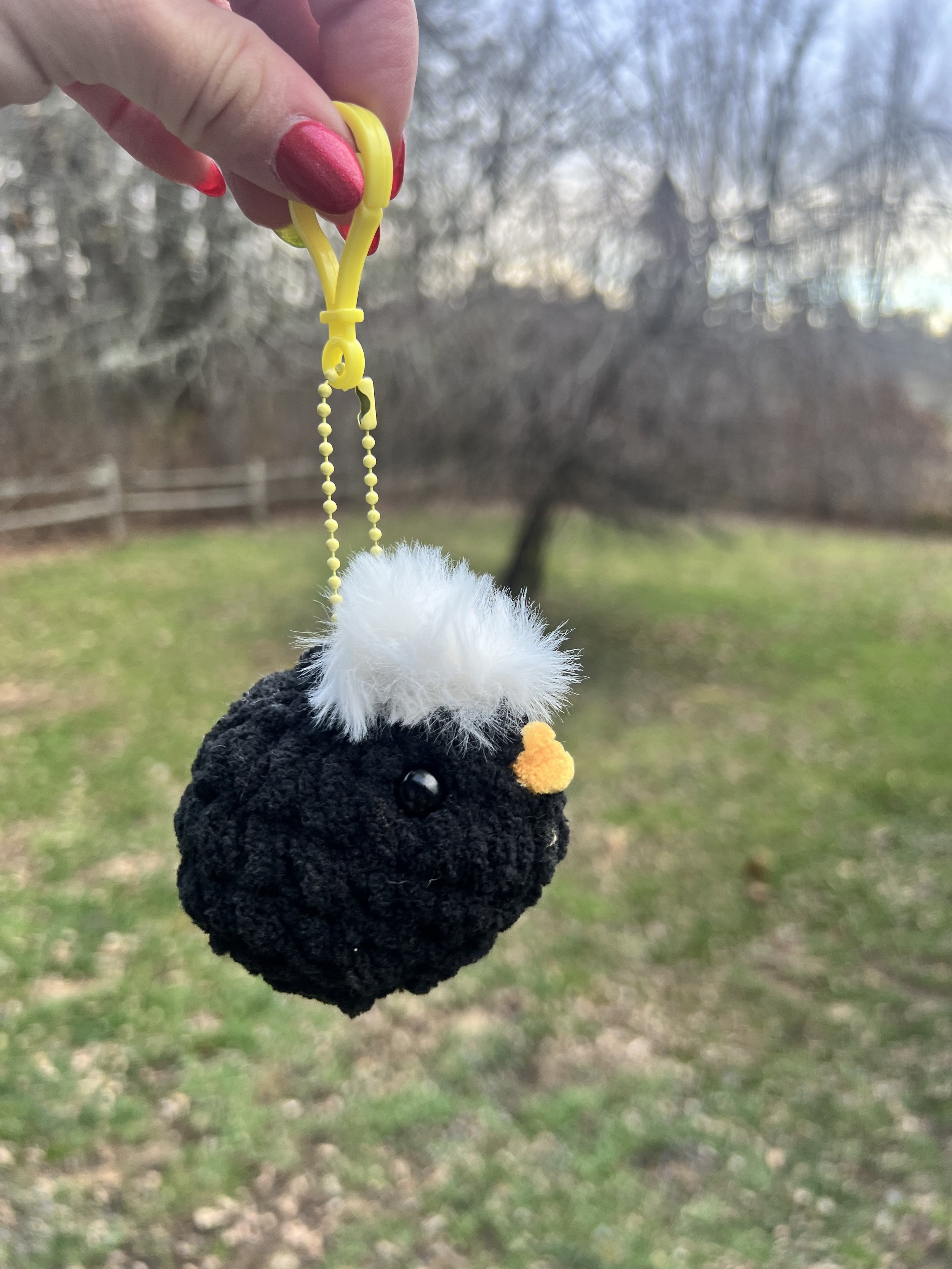 Black Chicken Keychain with White Fur Comb