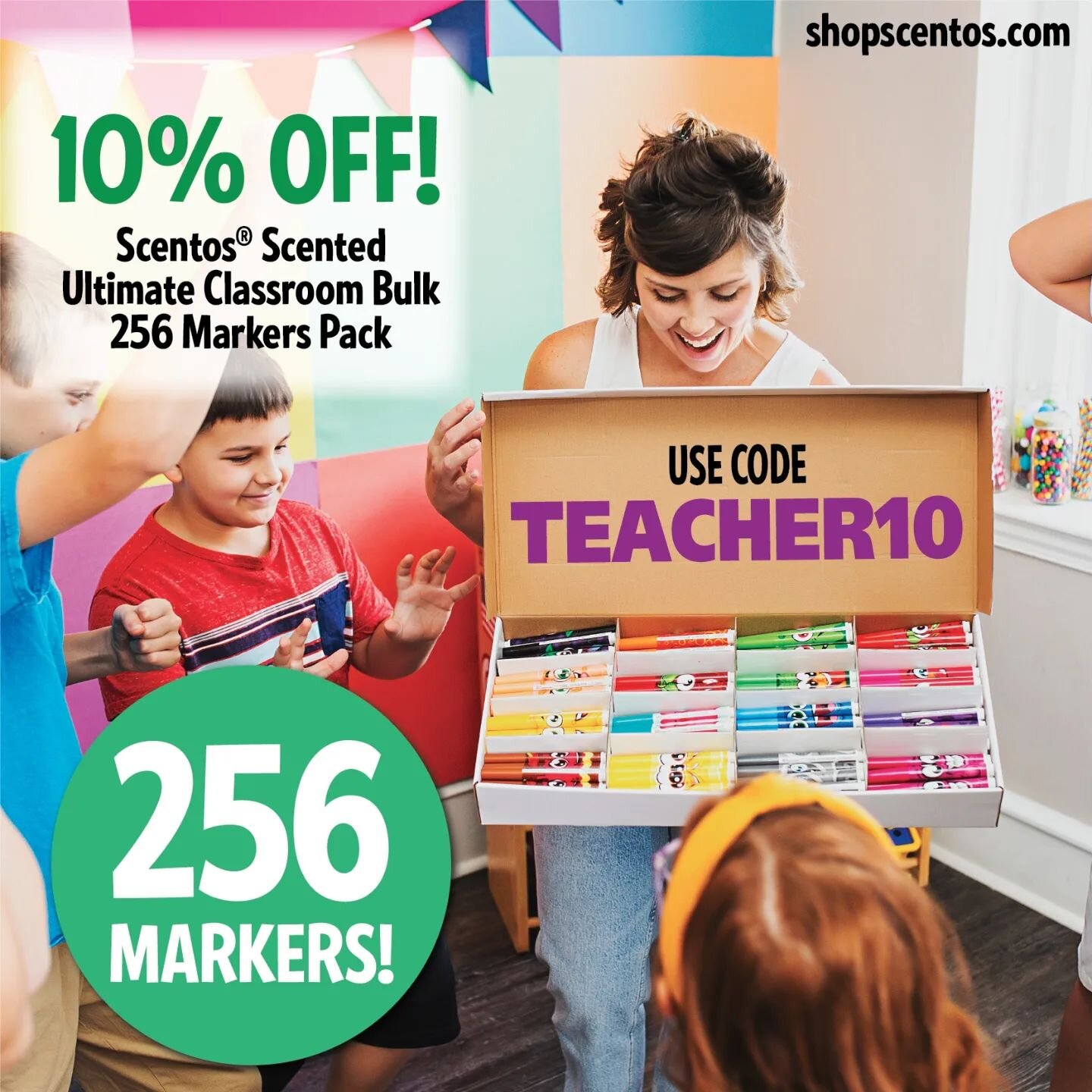 📣 Calling all teachers!!! 📣 Boy oh boy, do we have a sale for you! 🤩 

Our classic Scentos ultimate classroom box is on SALE! With code Teacher10, you'd be able to get an entire classroom full of markers for only 31&cent; per marker. (!!! CENTS! ?