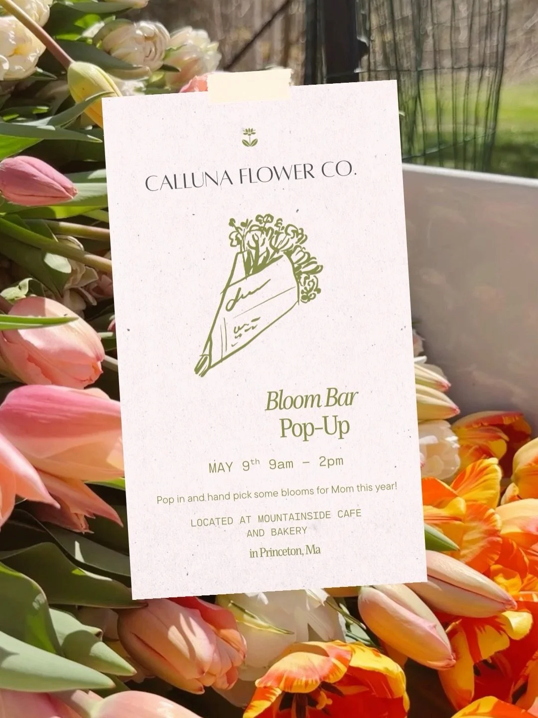 We&rsquo;ll be set up outside of @mountainsideprinceton this Saturday for their Spring Vendor Fair! 

We&rsquo;ll have locally grown tulips (grown right here in Princeton 🌷) along with a selection of specialty blooms to choose from. Build your own b