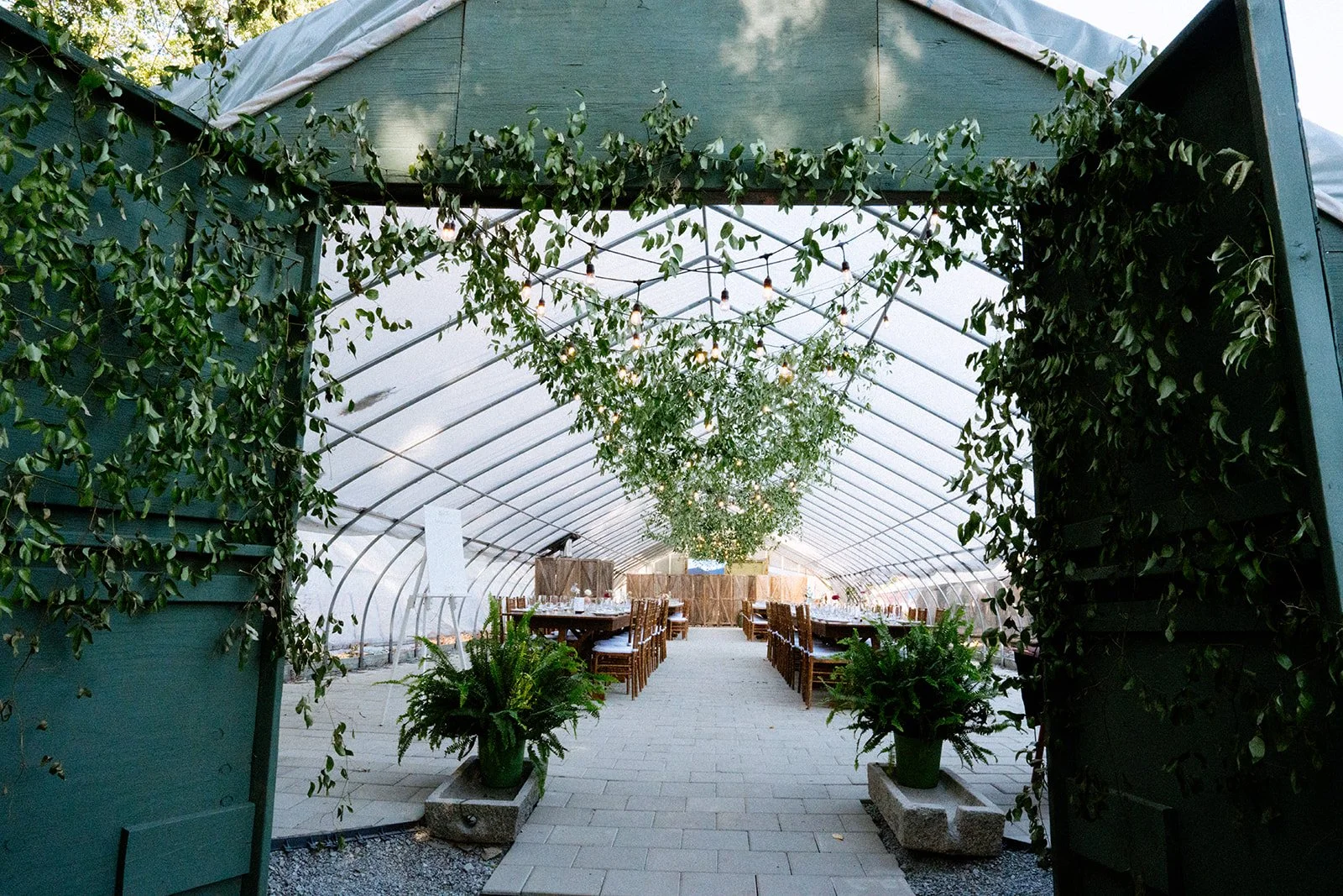 View through an open greenhouse entrance showing tables set for a gathering, surrounded by greenery and decorative plants, with string lights hanging from the ceiling.