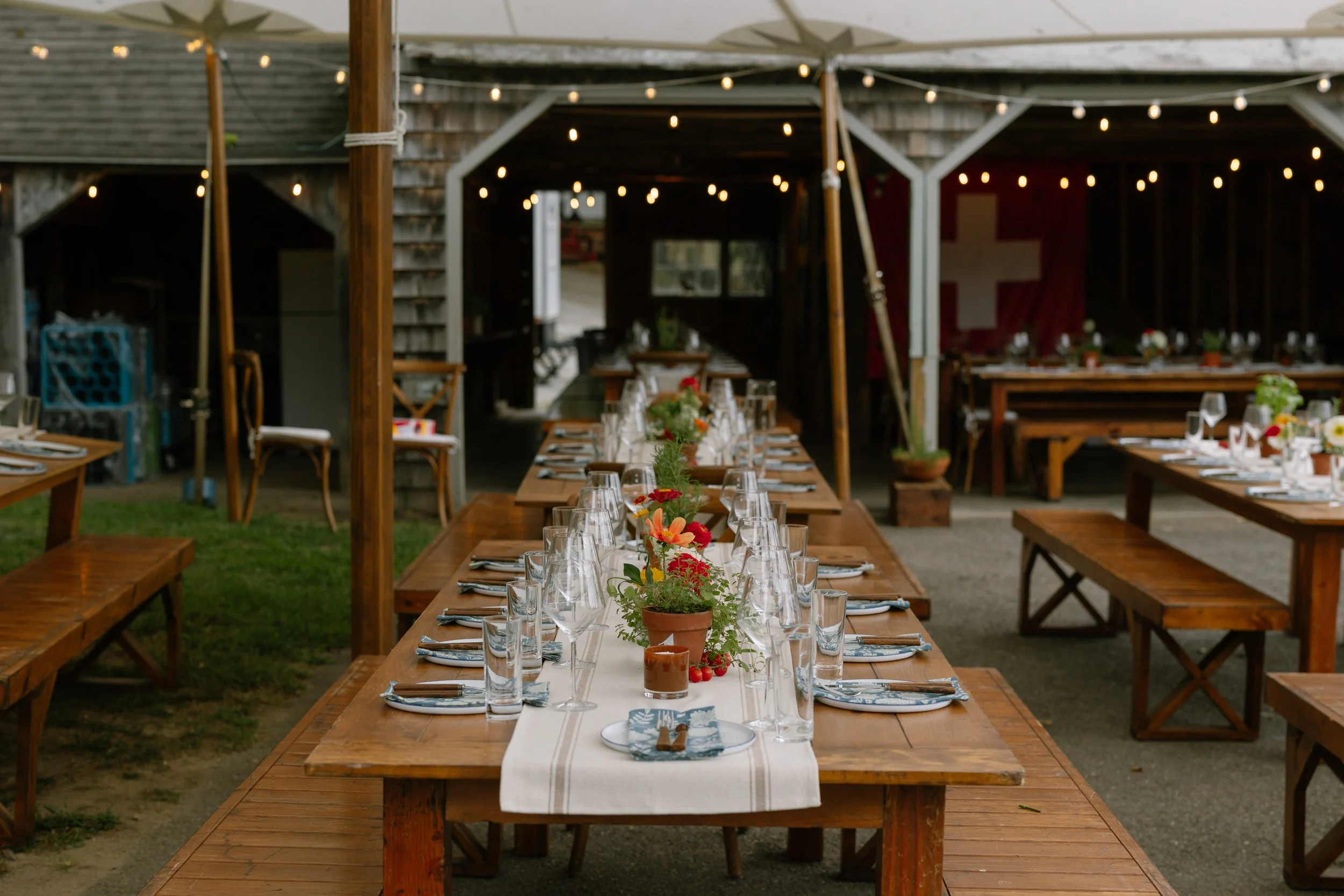 Long wooden tables set for a meal outdoors under a tent with string lights. The tables are decorated with flowers in pots, glasses, plates, and silverware. Benches are on each side of the tables.