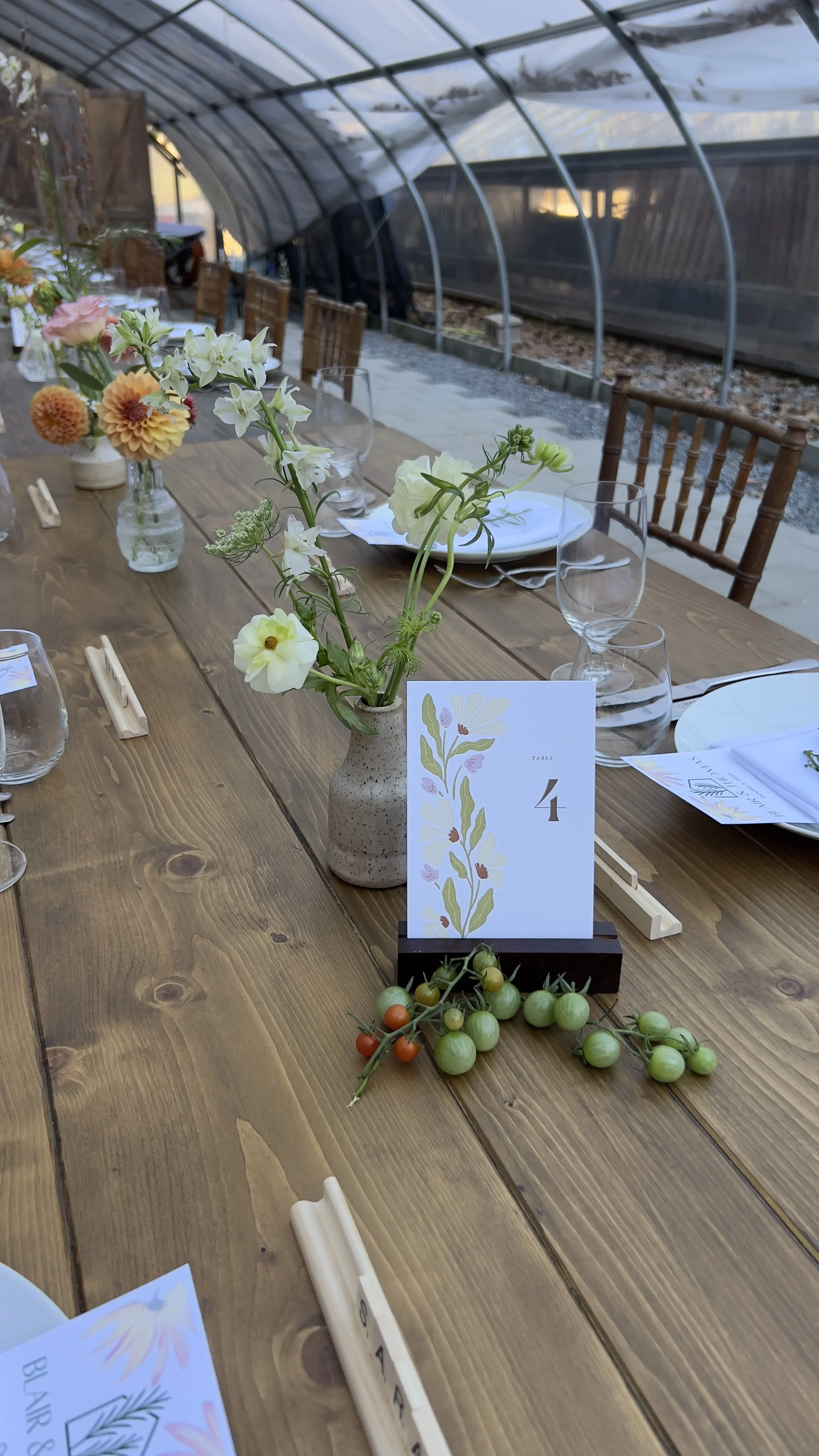 Long wooden dining table set for a meal with a flower centerpiece, wine glasses, and plates with napkins inside a greenhouse with a curved transparent roof.