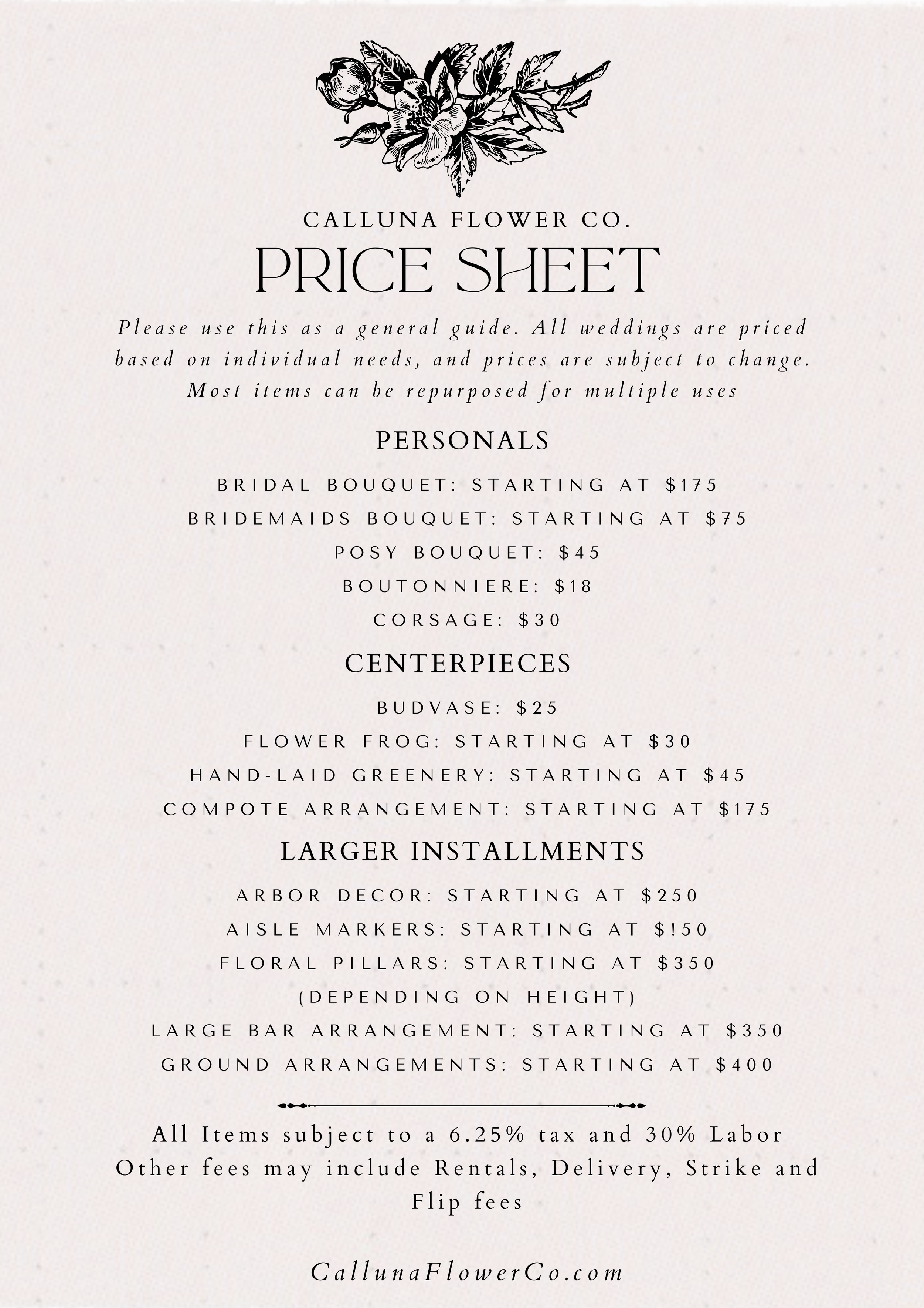 A price sheet from Calluna Flower Co. featuring floral arrangement prices, including personal bouquets, centerpieces, and larger installations, with a decorative floral illustration at the top.