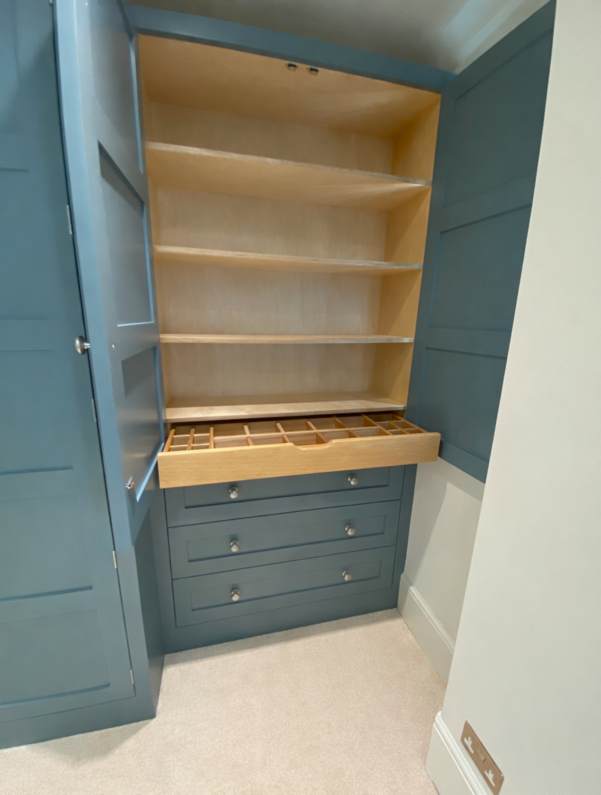 dressing room custom fit furniture, solid oak custom fit jewellery storage drawer 
